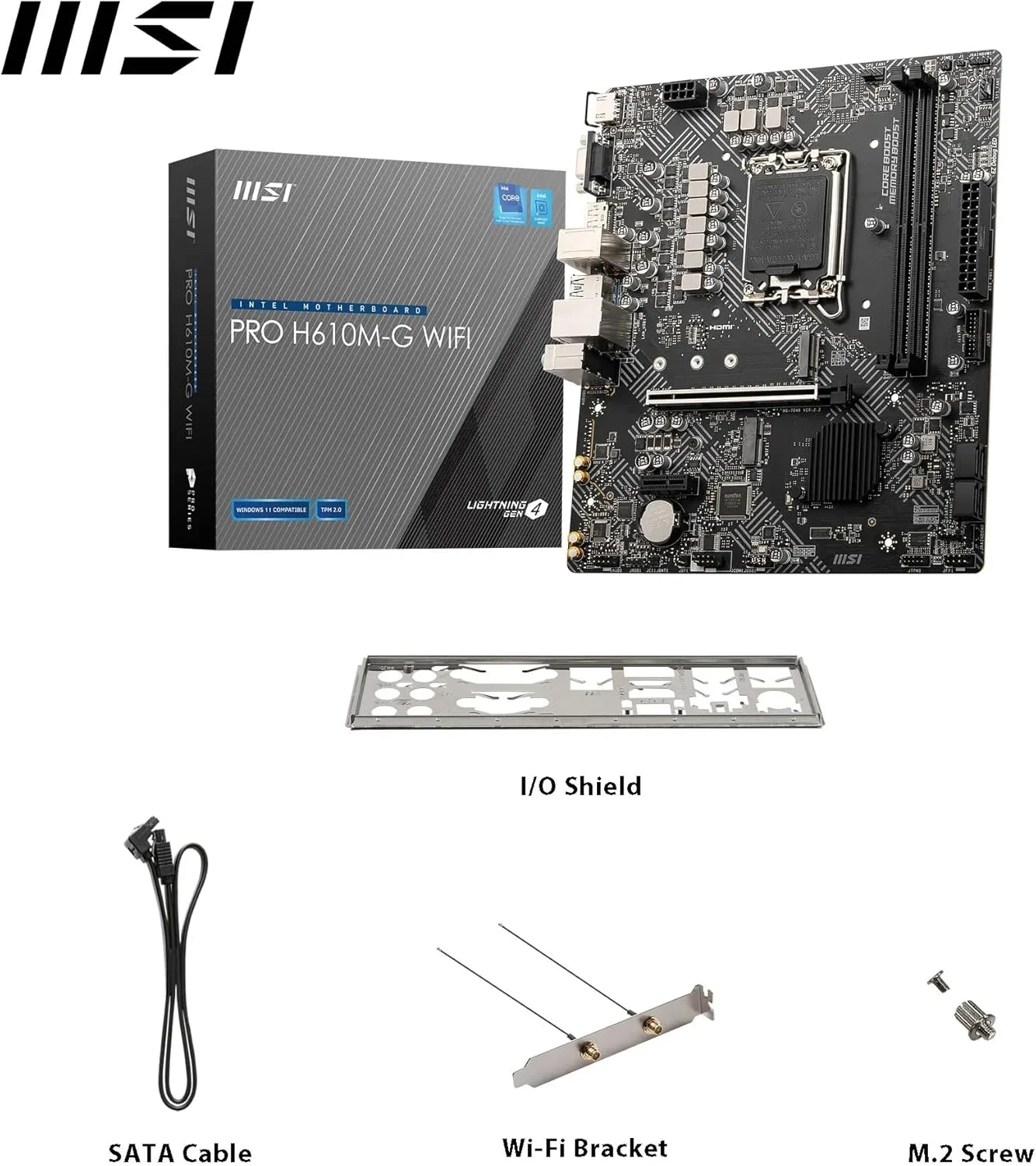 مادربرد MSI PRO H610M-G WiFi – Micro-ATX، پشتیبانی از پردازندههای نسل 12/13/14 اینتل Core، سوکت LGA 1700، تقویت حافظه DDR5 تا 5600 مگاهرتز/حداکثر، PCIe 4، LAN 1G، اسلاتهای M.2، USB 3.2، Wi-Fi 6E مادربرد MSI PRO H610M-G WiFi – Micro-ATX، پشتیبانی از پردازندههای نسل 12/13/14 اینتل Core، سوکت LGA 1700، تقویت حافظه DDR5 تا 5600 مگاهرتز/حداکثر، PCIe 4، LAN 1G، اسلاتهای M.2، USB 3.2، Wi-Fi 6E