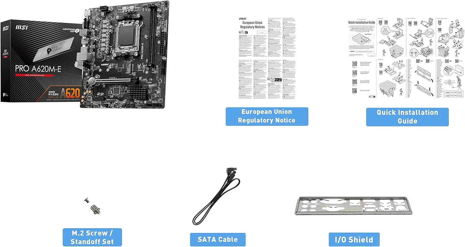 مادربرد MSI PRO A620M-E ProSeries (پردازنده های سری AMD 9000/8000/7000، سوکت AM5، DDR5، PCIe 4.0، SATA 6Gb/s، M.2، USB 3.2 Gen 1، DVI/HDMI، mATX)
