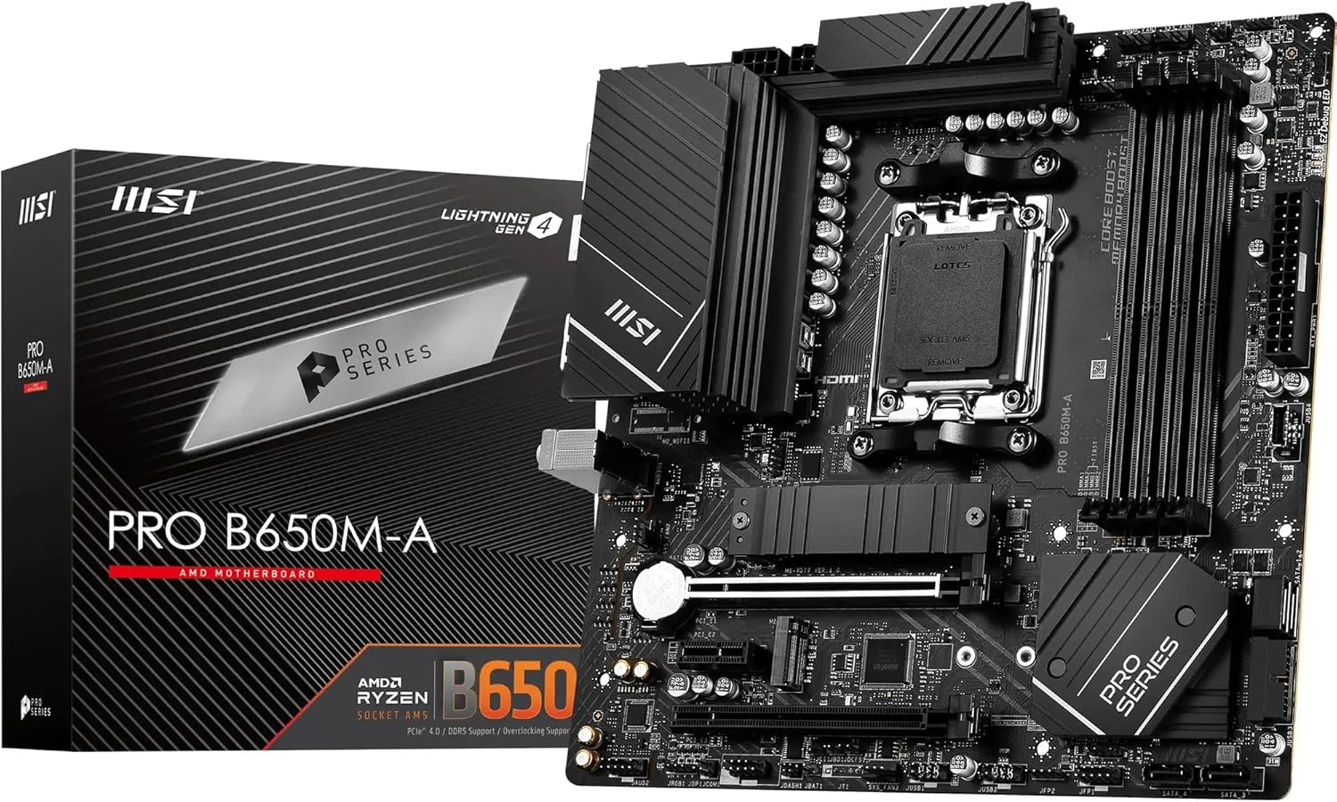 مادربرد MSI PRO B650M-A WiFi V1، Micro-ATX - پشتیبانی از پردازنده های AMD Ryzen سری 9000/8000/7000، سوکت AM5 - تقویت حافظه DDR5 6000+ مگاهرتز/OC، 2 x PCIe 4.0 x16، 2 x M.2 Gen4، 2.5G LAN