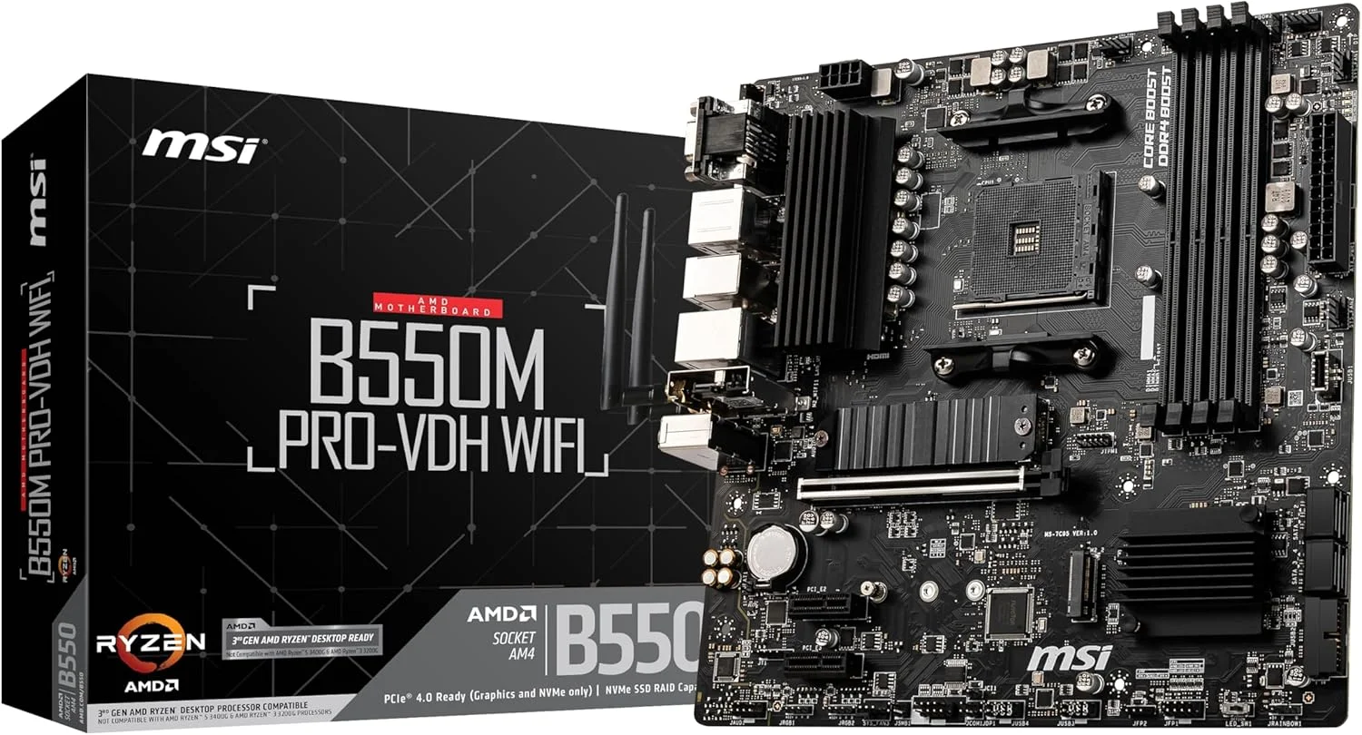 مادربرد MSI B550M PRO-VDH WiFi ProSeries (AMD AM4, DDR4, PCIe 4.0, SATA 6Gb/s, M.2, USB 3.2 Gen 1, Wi-Fi, D-SUB/HDMI/DP, Micro-ATX)