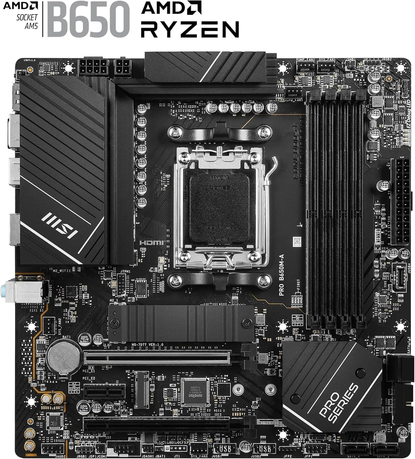 مادربرد MSI PRO B650M-A WiFi V1، Micro-ATX - پشتیبانی از پردازنده های AMD Ryzen سری 9000/8000/7000، سوکت AM5 - تقویت حافظه DDR5 6000+ مگاهرتز/OC، 2 x PCIe 4.0 x16، 2 x M.2 Gen4، 2.5G LAN مادربرد MSI PRO B650M-A WiFi V1، Micro-ATX - پشتیبانی از پردازنده های AMD Ryzen سری 9000/8000/7000، سوکت AM5 - تقویت حافظه DDR5 6000+ مگاهرتز/OC، 2 x PCIe 4.0 x16، 2 x M.2 Gen4، 2.5G LAN