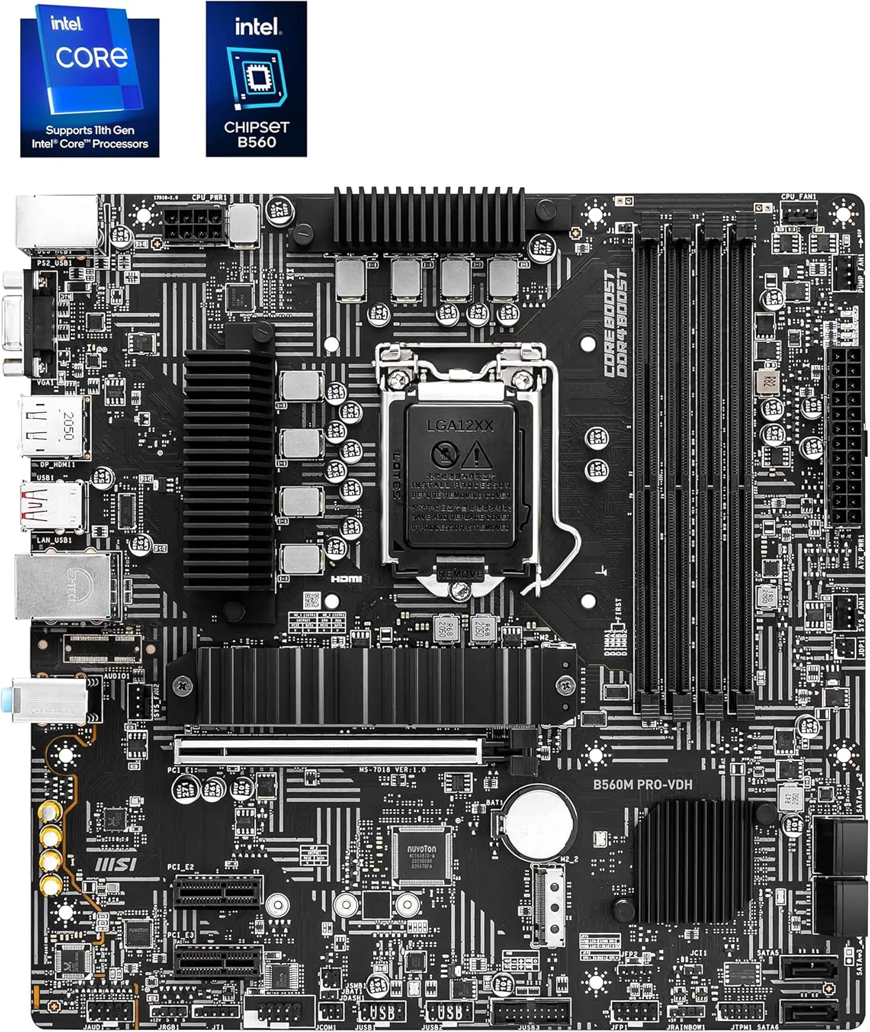 مادربرد گیمینگ MSI B560M PRO-VDH Micro-ATX (نسل دهم/یازدهم پردازنده Intel Core، سوکت LGA 1200، DDR4، 5066 مگاهرتز، اسلات M.2، USB 3.2 Gen 2، Type-A، LAN 2.5G، DP/HDMI)