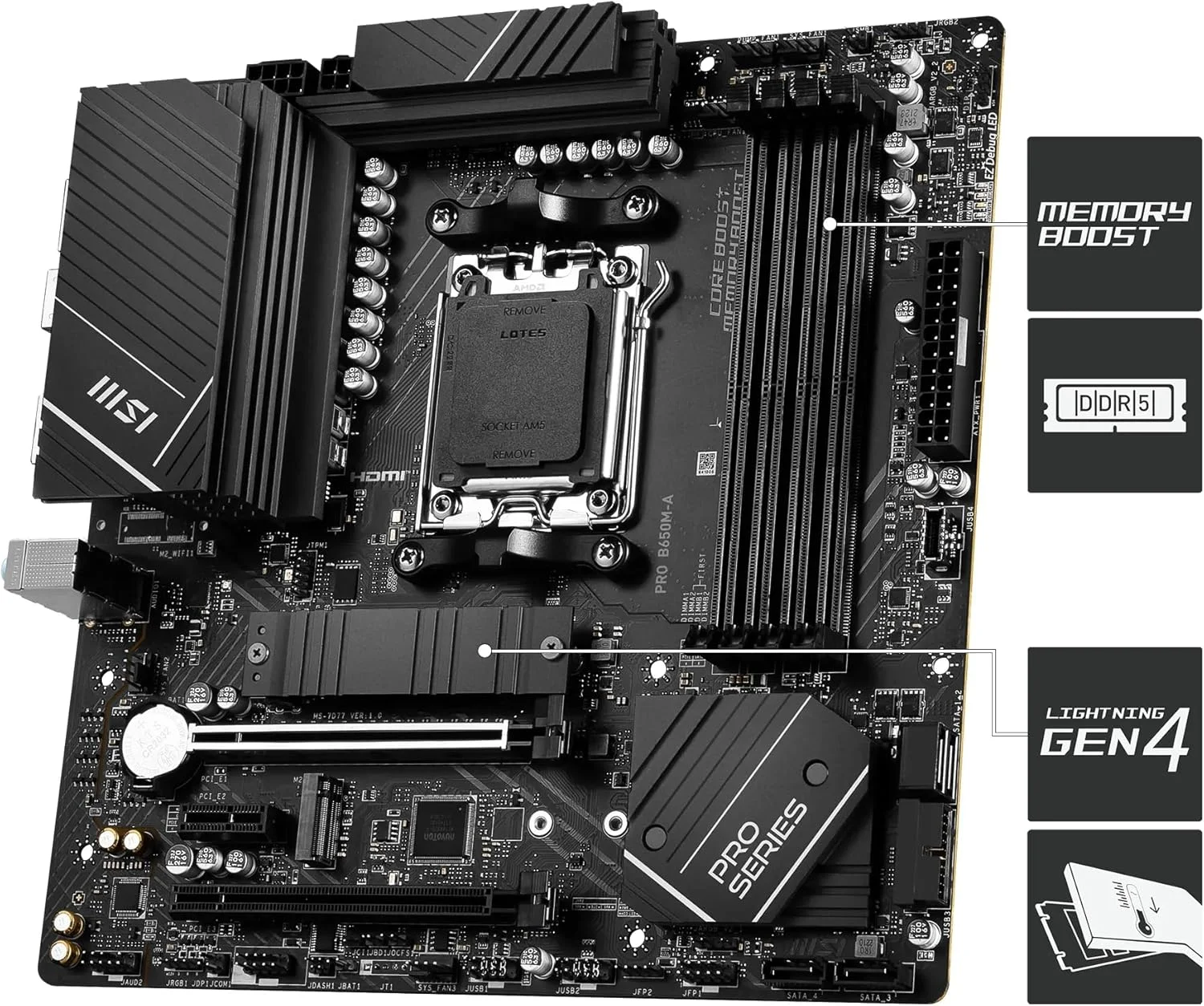 مادربرد MSI PRO B650M-A WiFi V1، Micro-ATX - پشتیبانی از پردازنده های AMD Ryzen سری 9000/8000/7000، سوکت AM5 - تقویت حافظه DDR5 6000+ مگاهرتز/OC، 2 x PCIe 4.0 x16، 2 x M.2 Gen4، 2.5G LAN مادربرد MSI PRO B650M-A WiFi V1، Micro-ATX - پشتیبانی از پردازنده های AMD Ryzen سری 9000/8000/7000، سوکت AM5 - تقویت حافظه DDR5 6000+ مگاهرتز/OC، 2 x PCIe 4.0 x16، 2 x M.2 Gen4، 2.5G LAN