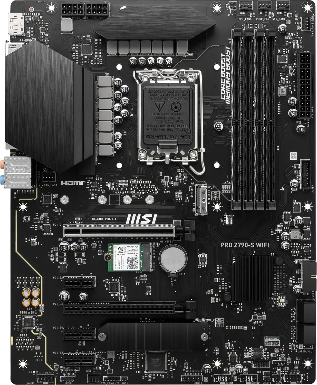 مادربرد MSI PRO Z790-S WiFi ProSeries (پشتیبانی از پردازنده‌های نسل 12/13/14 اینتل، LGA 1700، DDR5، PCIe 5.0، M.2، LAN 2.5 گیگابیتی، USB 3.2 Gen2، HDMI/DP، Wi-Fi 6E، بلوتوث 5.3، ATX)