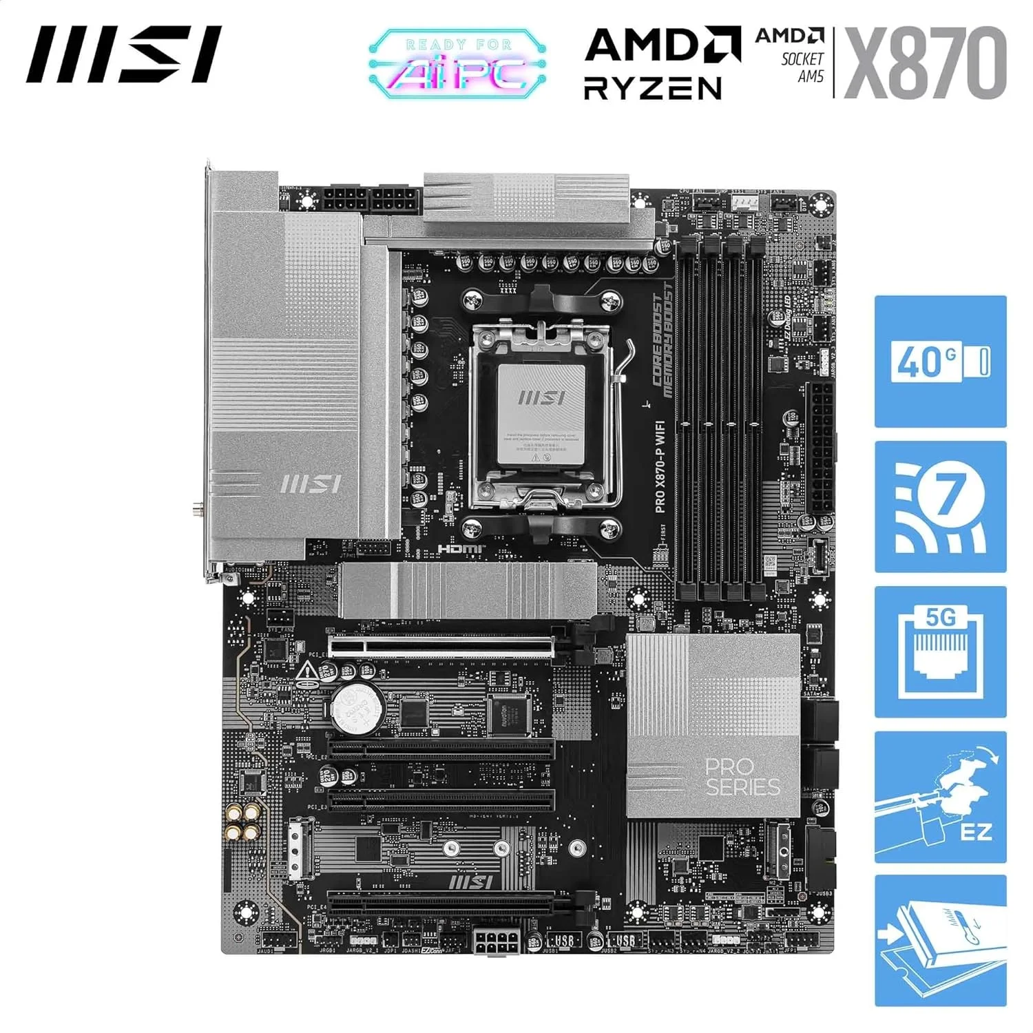 مادربرد MSI PRO X870-P WiFi، ATX - پشتیبانی از پردازنده‌های AMD Ryzen 9000/8000/7000، AM5-60A SPS VR M، تقویت حافظه DDR5 (بیش از 8200 MT/s OC)، PCIe 5.0 x16 و 4.0 x16، M.2 Gen5، Wi-Fi 7، 5G LAN