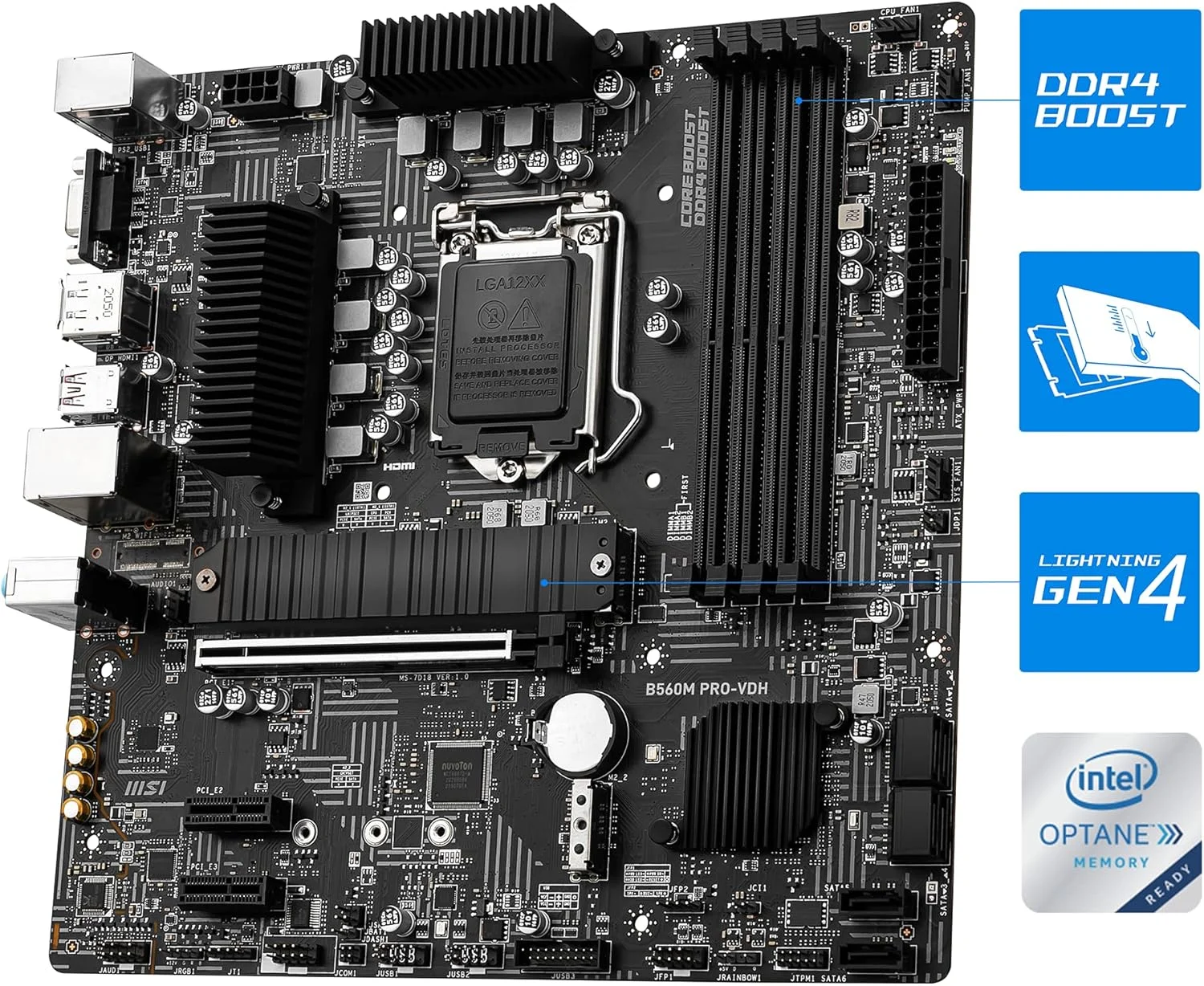 مادربرد گیمینگ MSI B560M PRO-VDH Micro-ATX (نسل دهم/یازدهم پردازنده Intel Core، سوکت LGA 1200، DDR4، 5066 مگاهرتز، اسلات M.2، USB 3.2 Gen 2، Type-A، LAN 2.5G، DP/HDMI)