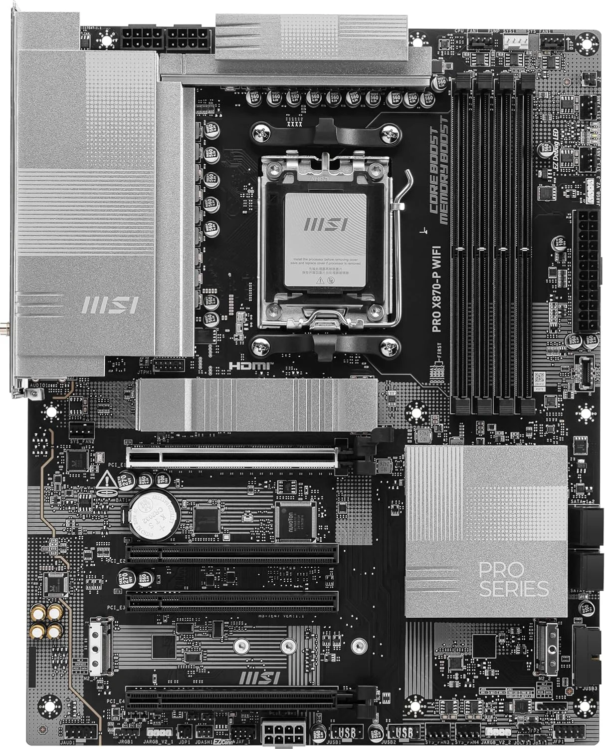 مادربرد MSI PRO X870-P WiFi ProSeries (پردازنده های AMD Ryzen سری 9000/8000/7000، AM5، DDR5، PCIe 5.0، M.2 Gen5، SATA 6Gb/s، USB 40Gbps، HDMI/DP، Wi-Fi 7، بلوتوث 5.4، LAN 5Gbps، ATX)