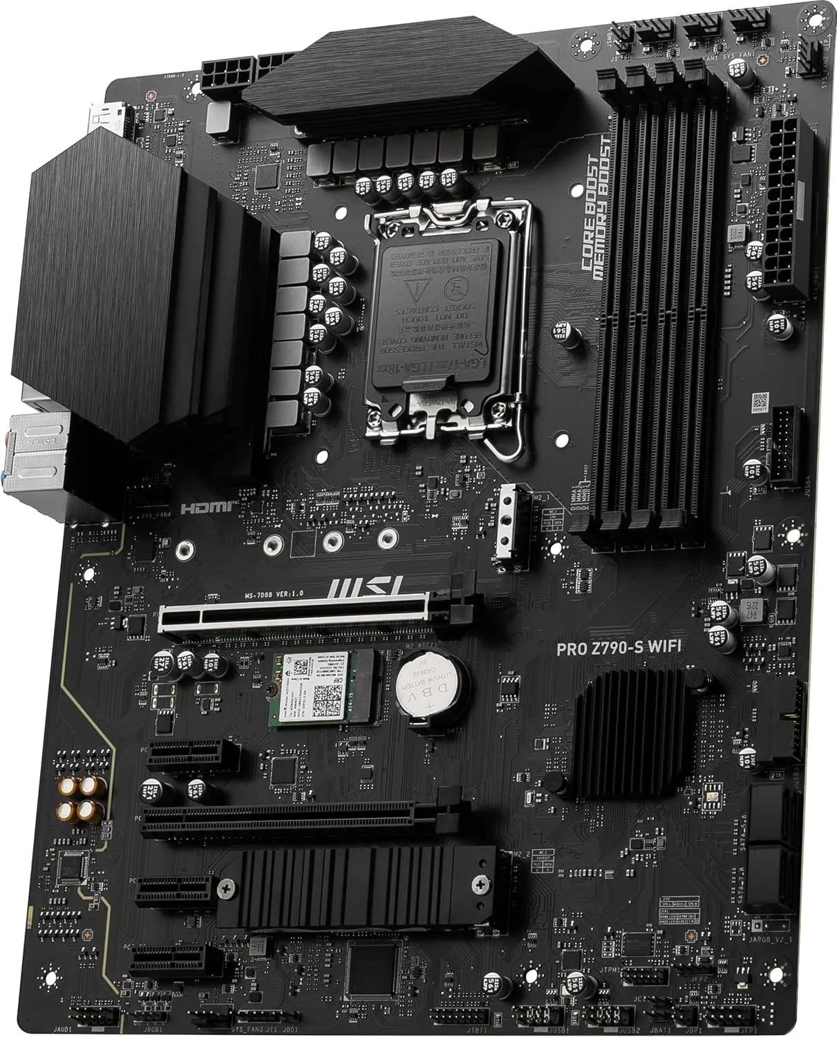 مادربرد MSI PRO Z790-S WiFi ProSeries (پشتیبانی از پردازنده‌های نسل 12/13/14 اینتل، LGA 1700، DDR5، PCIe 5.0، M.2، LAN 2.5 گیگابیتی، USB 3.2 Gen2، HDMI/DP، Wi-Fi 6E، بلوتوث 5.3، ATX)
