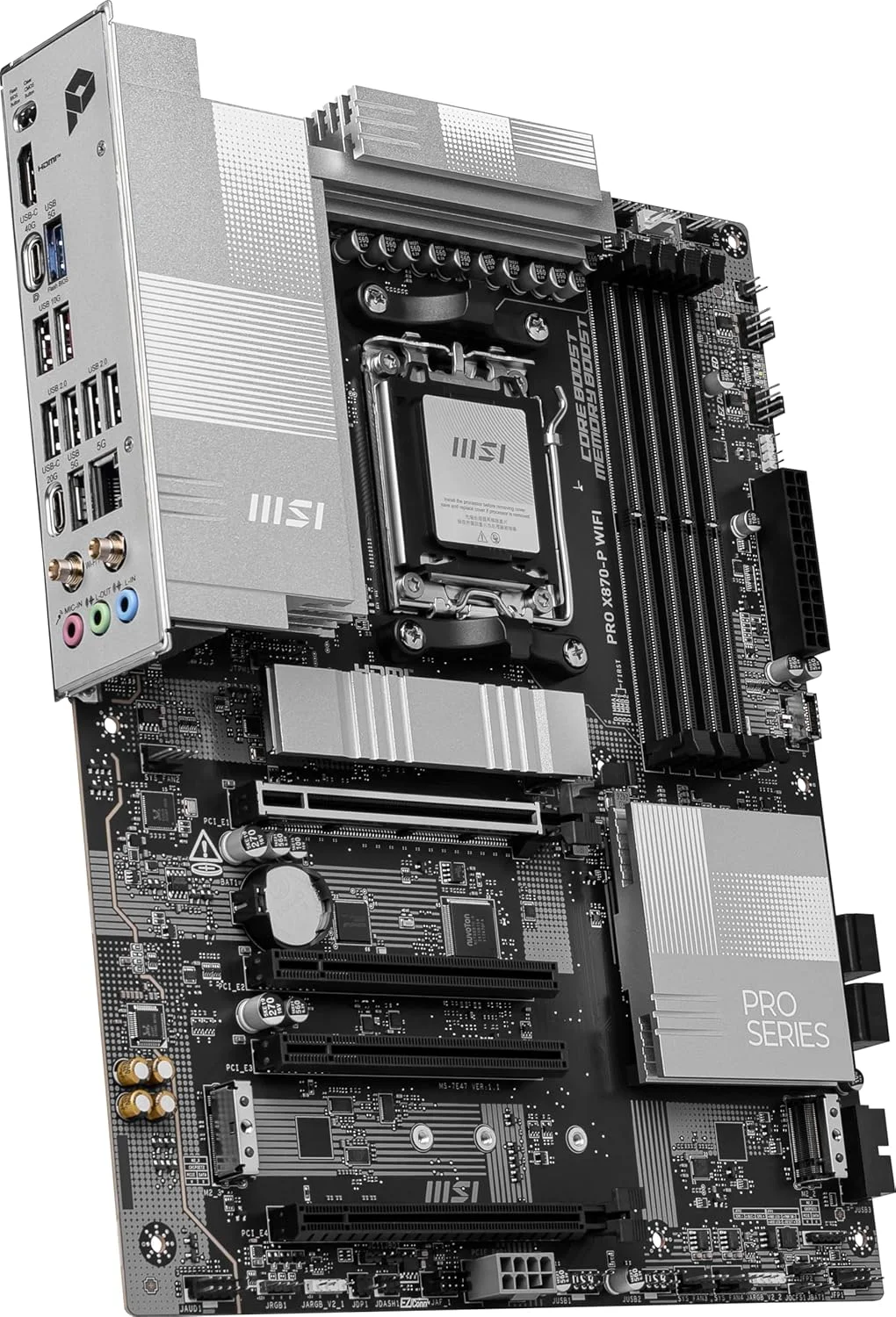 مادربرد MSI PRO X870-P WiFi ProSeries (پردازنده های AMD Ryzen سری 9000/8000/7000، AM5، DDR5، PCIe 5.0، M.2 Gen5، SATA 6Gb/s، USB 40Gbps، HDMI/DP، Wi-Fi 7، بلوتوث 5.4، LAN 5Gbps، ATX)