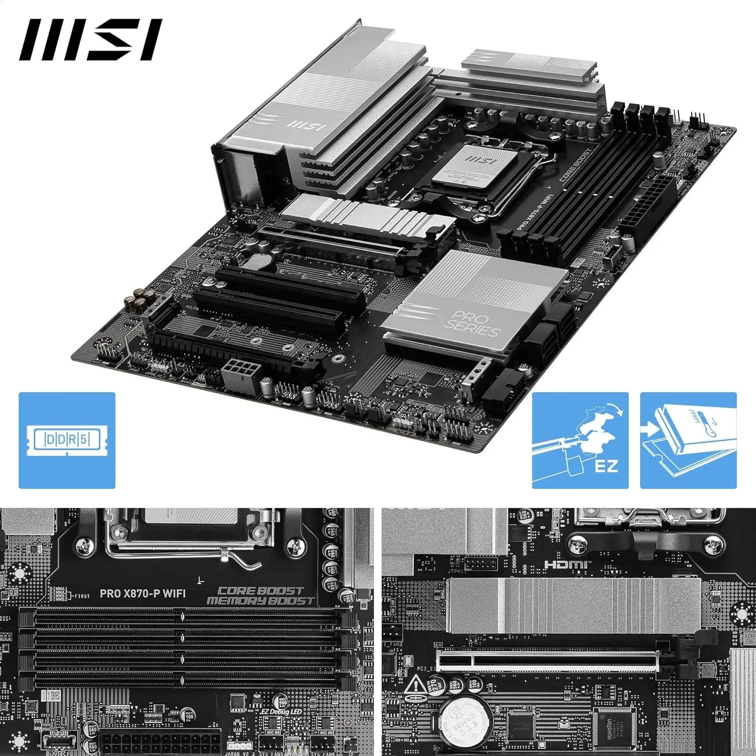 مادربرد MSI PRO X870-P WiFi، ATX - پشتیبانی از پردازنده‌های AMD Ryzen 9000/8000/7000، AM5-60A SPS VR M، تقویت حافظه DDR5 (بیش از 8200 MT/s OC)، PCIe 5.0 x16 و 4.0 x16، M.2 Gen5، Wi-Fi 7، 5G LAN
