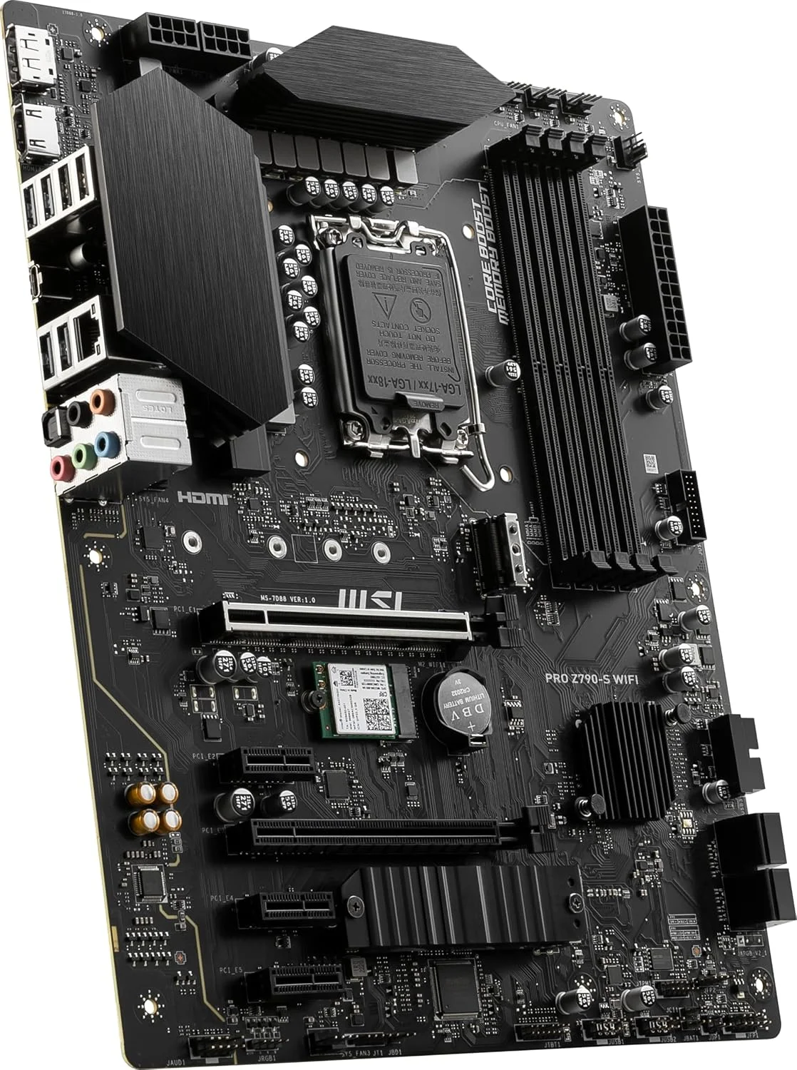 مادربرد MSI PRO Z790-S WiFi ProSeries (پشتیبانی از پردازنده‌های نسل 12/13/14 اینتل، LGA 1700، DDR5، PCIe 5.0، M.2، LAN 2.5 گیگابیتی، USB 3.2 Gen2، HDMI/DP، Wi-Fi 6E، بلوتوث 5.3، ATX)