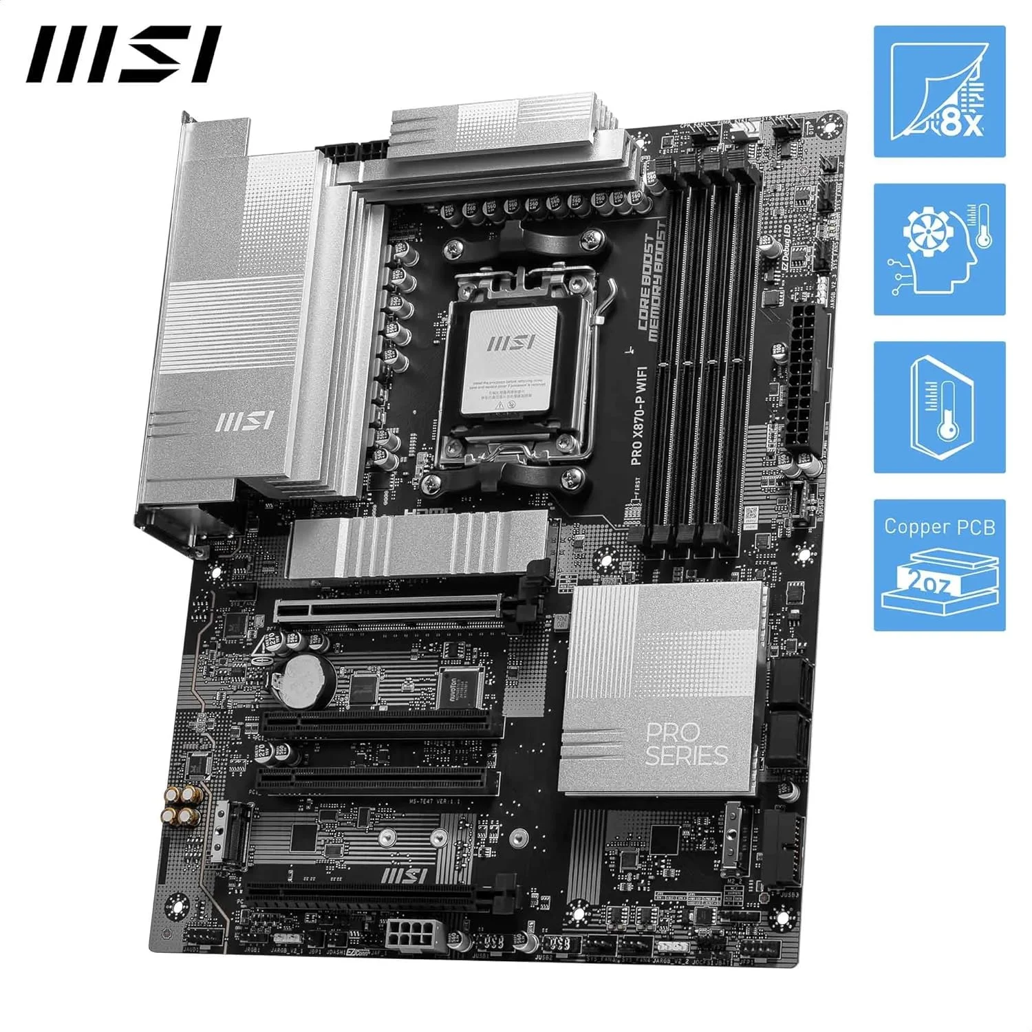 مادربرد MSI PRO X870-P WiFi، ATX - پشتیبانی از پردازنده‌های AMD Ryzen 9000/8000/7000، AM5-60A SPS VR M، تقویت حافظه DDR5 (بیش از 8200 MT/s OC)، PCIe 5.0 x16 و 4.0 x16، M.2 Gen5، Wi-Fi 7، 5G LAN