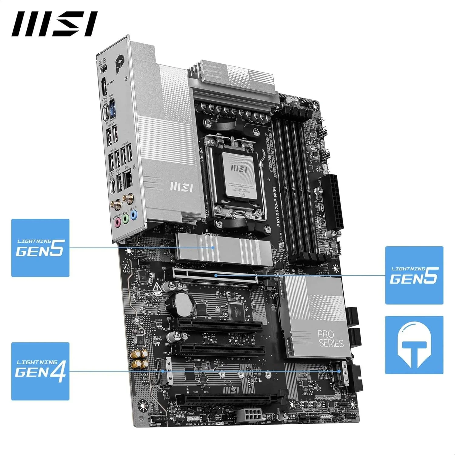 مادربرد MSI PRO X870-P WiFi، ATX - پشتیبانی از پردازنده‌های AMD Ryzen 9000/8000/7000، AM5-60A SPS VR M، تقویت حافظه DDR5 (بیش از 8200 MT/s OC)، PCIe 5.0 x16 و 4.0 x16، M.2 Gen5، Wi-Fi 7، 5G LAN