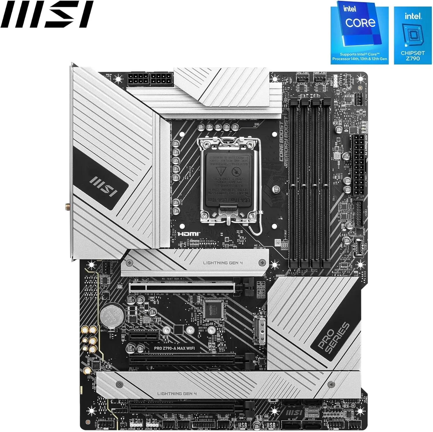 مادربرد MSI PRO Z790-A MAX WIFI ATX - پشتیبانی از پردازنده های نسل 12 و 13 اینتل Core، LGA 1700-80A SPS VRM، تقویت حافظه DDR5 7800+MHz/OC، اسلات PCIe 5.0x16، 4xM.2 Gen4 Slots، Wi-Fi 7، 2.5G LAN مادربرد MSI PRO Z790-A MAX WIFI ATX - پشتیبانی از پردازنده های نسل 12 و 13 اینتل Core، LGA 1700-80A SPS VRM، تقویت حافظه DDR5 7800+MHz/OC، اسلات PCIe 5.0x16، 4xM.2 Gen4 Slots، Wi-Fi 7، 2.5G LAN