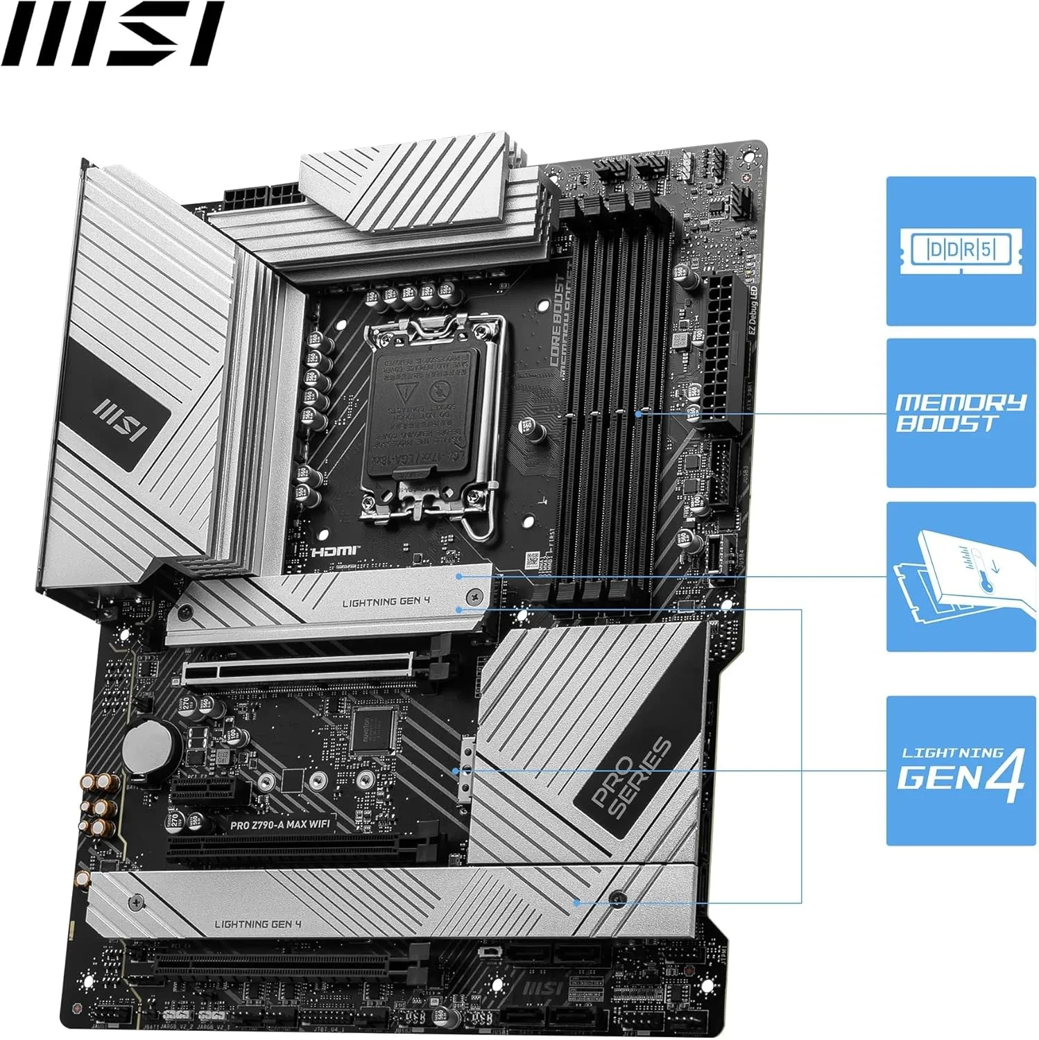 مادربرد MSI PRO Z790-A MAX WIFI ATX - پشتیبانی از پردازنده های نسل 12 و 13 اینتل Core، LGA 1700-80A SPS VRM، تقویت حافظه DDR5 7800+MHz/OC، اسلات PCIe 5.0x16، 4xM.2 Gen4 Slots، Wi-Fi 7، 2.5G LAN مادربرد MSI PRO Z790-A MAX WIFI ATX - پشتیبانی از پردازنده های نسل 12 و 13 اینتل Core، LGA 1700-80A SPS VRM، تقویت حافظه DDR5 7800+MHz/OC، اسلات PCIe 5.0x16، 4xM.2 Gen4 Slots، Wi-Fi 7، 2.5G LAN