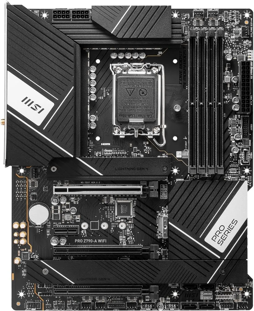 مادربرد MSI PRO Z790-A WIFI ATX - پشتیبانی از پردازنده های نسل 12/13 اینتل، LGA 1700، DDR5 Boost (7200+MHz/OC)، 1 x PCIe 5.0 x16، 1 x PCIe 4.0 x16، 4 x M.2 Gen4، LAN 2.5Gbps، Wi-Fi 6E