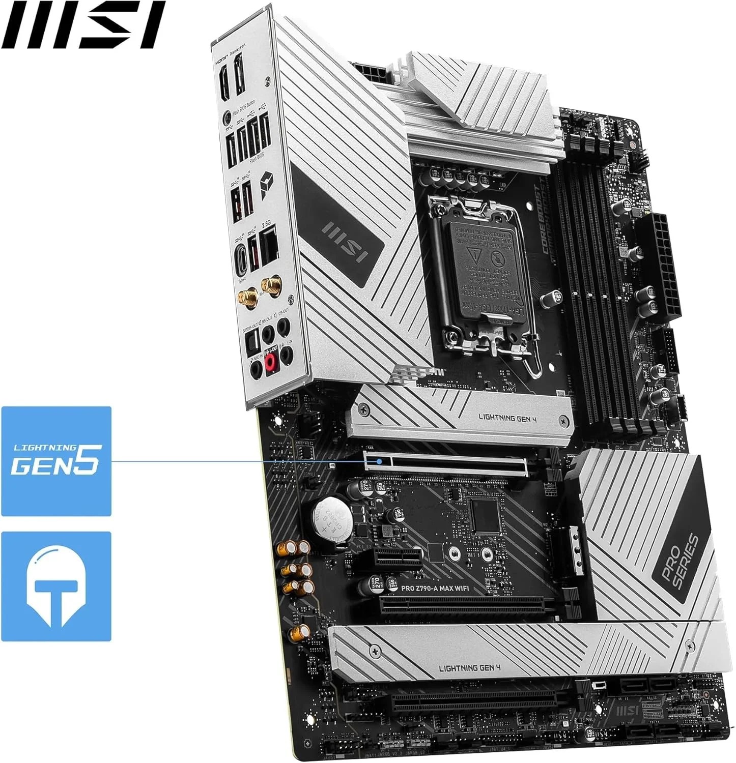 مادربرد MSI PRO Z790-A MAX WIFI ATX - پشتیبانی از پردازنده های نسل 12 و 13 اینتل Core، LGA 1700-80A SPS VRM، تقویت حافظه DDR5 7800+MHz/OC، اسلات PCIe 5.0x16، 4xM.2 Gen4 Slots، Wi-Fi 7، 2.5G LAN مادربرد MSI PRO Z790-A MAX WIFI ATX - پشتیبانی از پردازنده های نسل 12 و 13 اینتل Core، LGA 1700-80A SPS VRM، تقویت حافظه DDR5 7800+MHz/OC، اسلات PCIe 5.0x16، 4xM.2 Gen4 Slots، Wi-Fi 7، 2.5G LAN