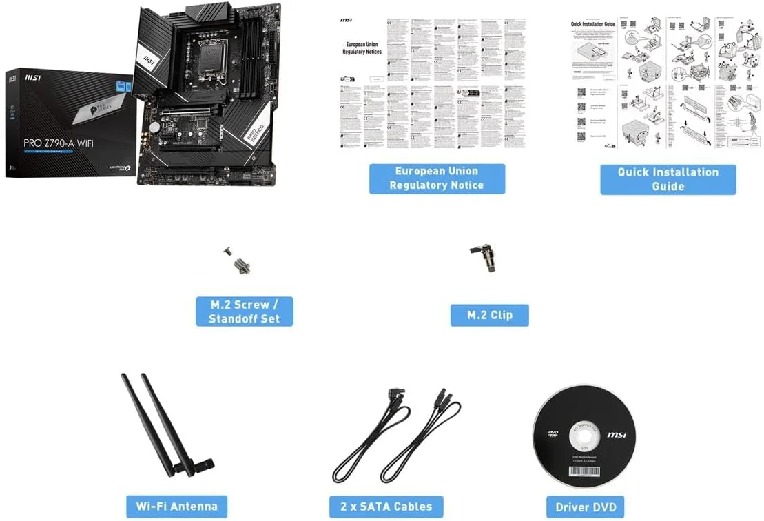 مادربرد MSI PRO Z790-A WIFI ATX - پشتیبانی از پردازنده های نسل 12/13 اینتل، LGA 1700، DDR5 Boost (7200+MHz/OC)، 1 x PCIe 5.0 x16، 1 x PCIe 4.0 x16، 4 x M.2 Gen4، LAN 2.5Gbps، Wi-Fi 6E