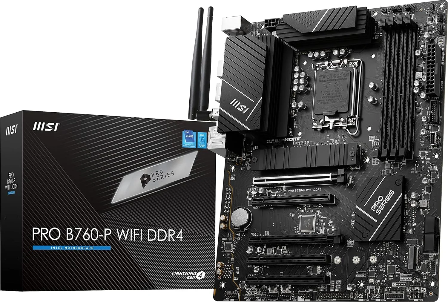 مادربرد MSI PRO B760-P WiFi DDR4 ProSeries (پشتیبانی از پردازنده‌های نسل 12 و 13 اینتل، LGA 1700، DDR4، PCIe 4.0، M.2، LAN 2.5Gbps، USB 3.2 Gen2، Wi-Fi 6E، ATX)