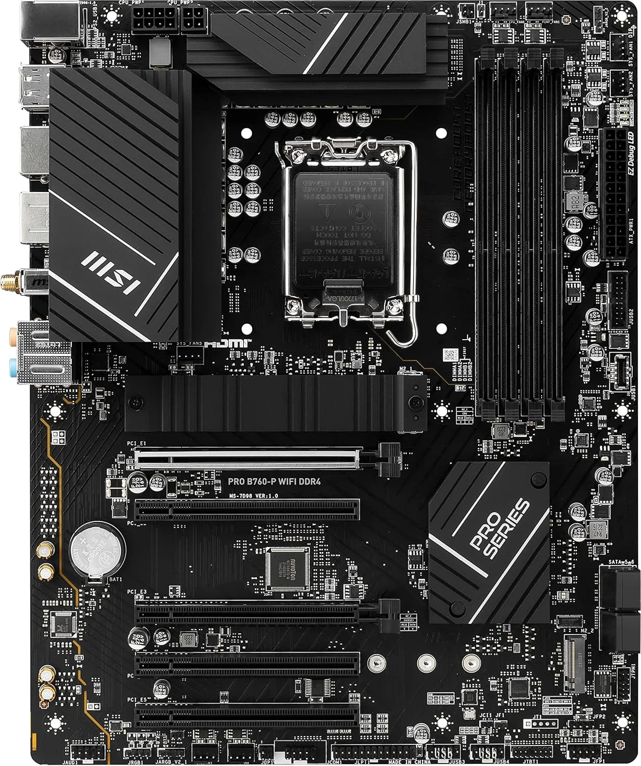 مادربرد MSI PRO B760-P WiFi DDR4 ProSeries (پشتیبانی از پردازندههای نسل 12 و 13 اینتل، LGA 1700، DDR4، PCIe 4.0، M.2، LAN 2.5Gbps، USB 3.2 Gen2، Wi-Fi 6E، ATX) مادربرد MSI PRO B760-P WiFi DDR4 ProSeries (پشتیبانی از پردازندههای نسل 12 و 13 اینتل، LGA 1700، DDR4، PCIe 4.0، M.2، LAN 2.5Gbps، USB 3.2 Gen2، Wi-Fi 6E، ATX)