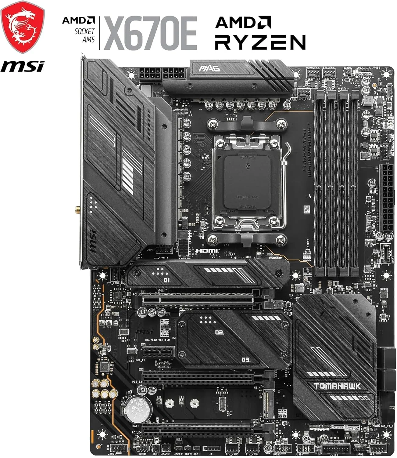 مادربرد MSI MAG X670E TOMAHAWK WIFI AM5، چیپست AMD X670، 4 اسلات DDR5، پشتیبانی از حداکثر 192 گیگابایت حافظه، AMD Wi-Fi 6E، بلوتوث 5.3، PCI-E x16، 4x M.2، 1x HDMI / 1xDP، USB 3.2 Type-C - مشکی