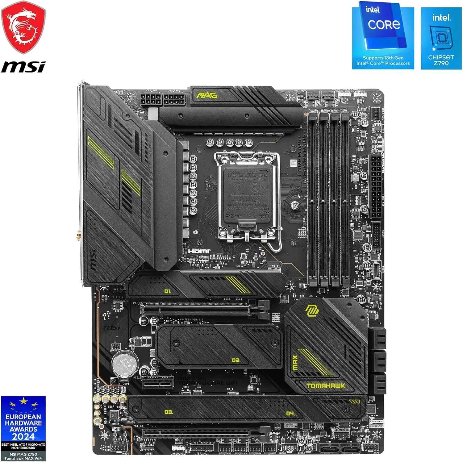 مادربرد MSI MAG Z790 Tomahawk Max WIFI ATX، سوکت LGA1700، چیپست Intel Z790، 4 اسلات DDR5، حداکثر حافظه 192 گیگابایت، Wi-Fi 7، BT 5.4، 2x PCIe x16، HDMI، USB-A 3.2، USB-C 3.2 - مشکی مادربرد MSI MAG Z790 Tomahawk Max WIFI ATX، سوکت LGA1700، چیپست Intel Z790، 4 اسلات DDR5، حداکثر حافظه 192 گیگابایت، Wi-Fi 7، BT 5.4، 2x PCIe x16، HDMI، USB-A 3.2، USB-C 3.2 - مشکی