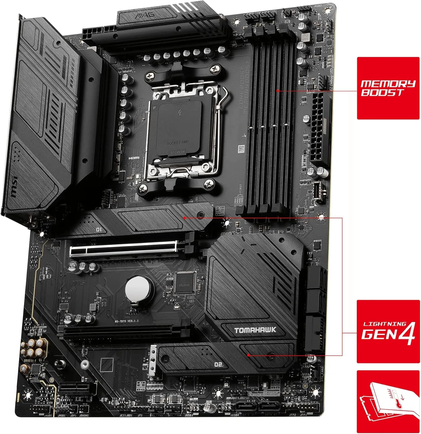 مادربرد MSI MAG B650 TOMAHAWK WIFI AM5 ATX، چیپست AMD B650، 4 اسلات DDR5 دو کاناله، حداکثر حافظه 128 گیگابایت، Wi-Fi 6E، LAN 2.5 گیگابیت بر ثانیه، 2x PCI-E x16، 3x M.2، 1x HDMI & DP، USB 3.2/2.0 - مشکی مادربرد MSI MAG B650 TOMAHAWK WIFI AM5 ATX، چیپست AMD B650، 4 اسلات DDR5 دو کاناله، حداکثر حافظه 128 گیگابایت، Wi-Fi 6E، LAN 2.5 گیگابیت بر ثانیه، 2x PCI-E x16، 3x M.2، 1x HDMI & DP، USB 3.2/2.0 - مشکی