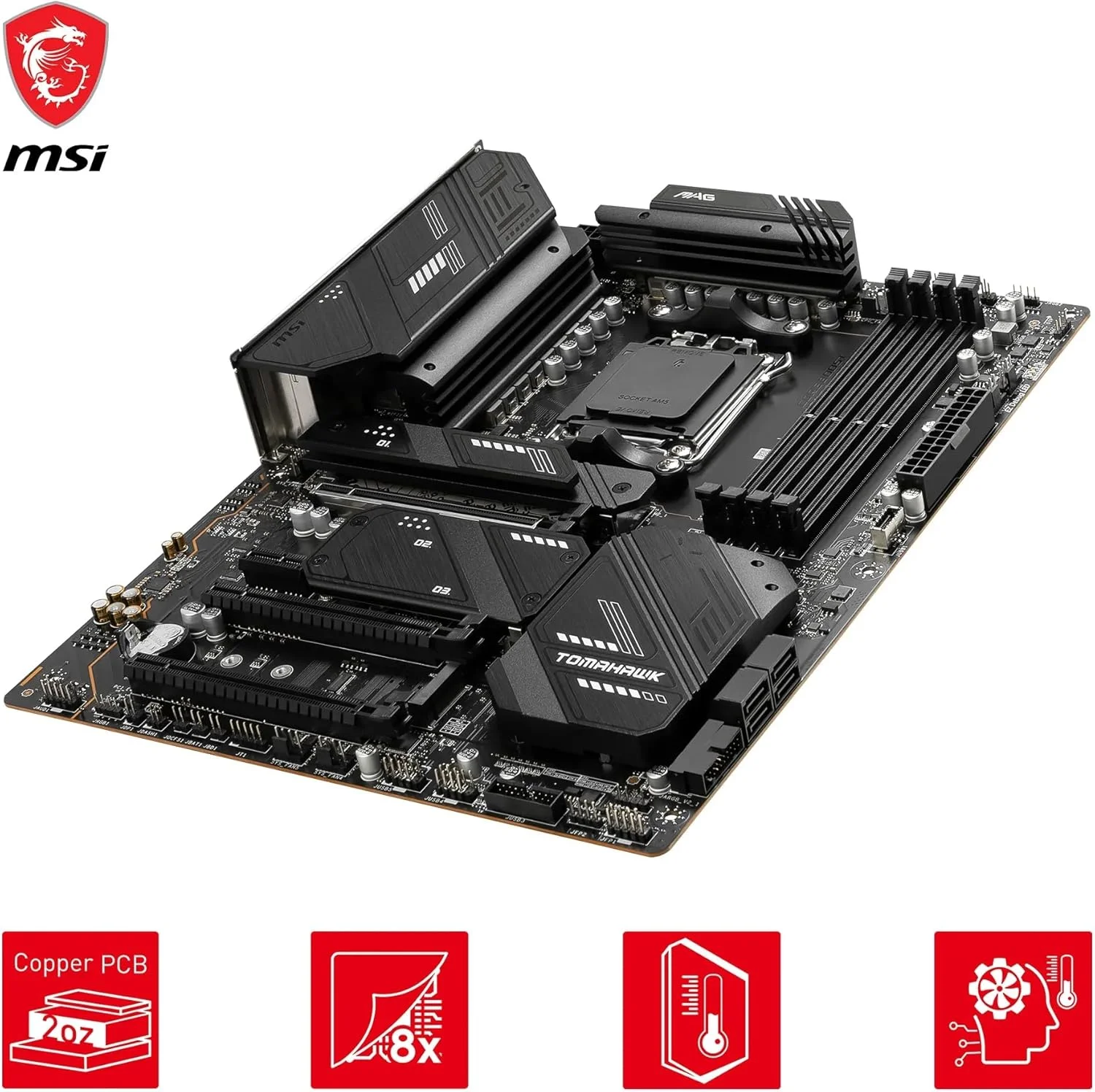 مادربرد MSI MAG X670E TOMAHAWK WIFI AM5، چیپست AMD X670، 4 اسلات DDR5، پشتیبانی از حداکثر 192 گیگابایت حافظه، AMD Wi-Fi 6E، بلوتوث 5.3، PCI-E x16، 4x M.2، 1x HDMI / 1xDP، USB 3.2 Type-C - مشکی