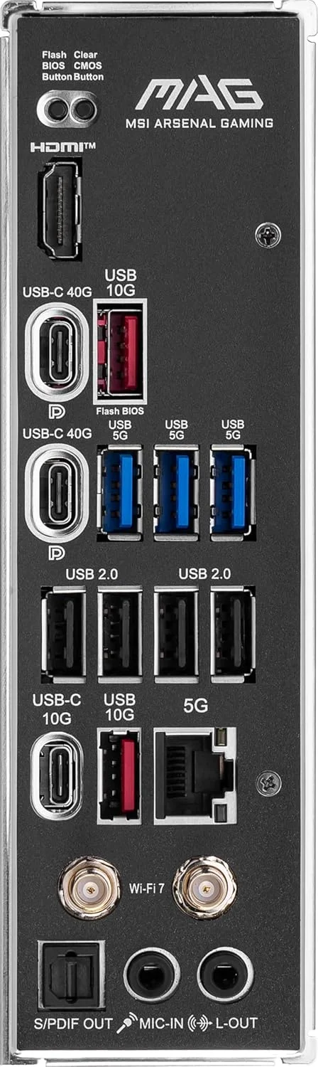 مادربرد گیمینگ MSI MAG X870 Tomahawk WiFi برای پردازنده‌های AMD Ryzen سری 9000/8000/7000، سوکت AM5، DDR5، PCIe 5.0، M.2 Gen5، SATA 6Gb/s، USB 40Gbps، HDMI/DP، Wi-Fi 7، بلوتوث 5.4، LAN 5Gbps