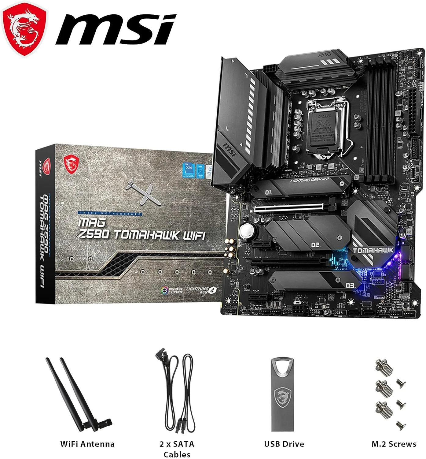 مادربرد گیمینگ MSI MAG Z590 Tomahawk WiFi ATX، نسل 11/10 پردازنده Intel Core، سوکت LGA 1200، DDR4، PCIe 4، CFX، اسلات های M.2، USB 3.2 Gen 2، Wi-Fi 6E، DP/HDMI، Mystic Light RGB