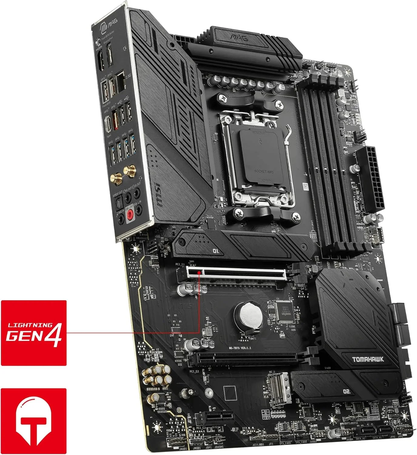 مادربرد MSI MAG B650 TOMAHAWK WIFI AM5 ATX، چیپست AMD B650، 4 اسلات DDR5 دو کاناله، حداکثر حافظه 128 گیگابایت، Wi-Fi 6E، LAN 2.5 گیگابیت بر ثانیه، 2x PCI-E x16، 3x M.2، 1x HDMI & DP، USB 3.2/2.0 - مشکی مادربرد MSI MAG B650 TOMAHAWK WIFI AM5 ATX، چیپست AMD B650، 4 اسلات DDR5 دو کاناله، حداکثر حافظه 128 گیگابایت، Wi-Fi 6E، LAN 2.5 گیگابیت بر ثانیه، 2x PCI-E x16، 3x M.2، 1x HDMI & DP، USB 3.2/2.0 - مشکی