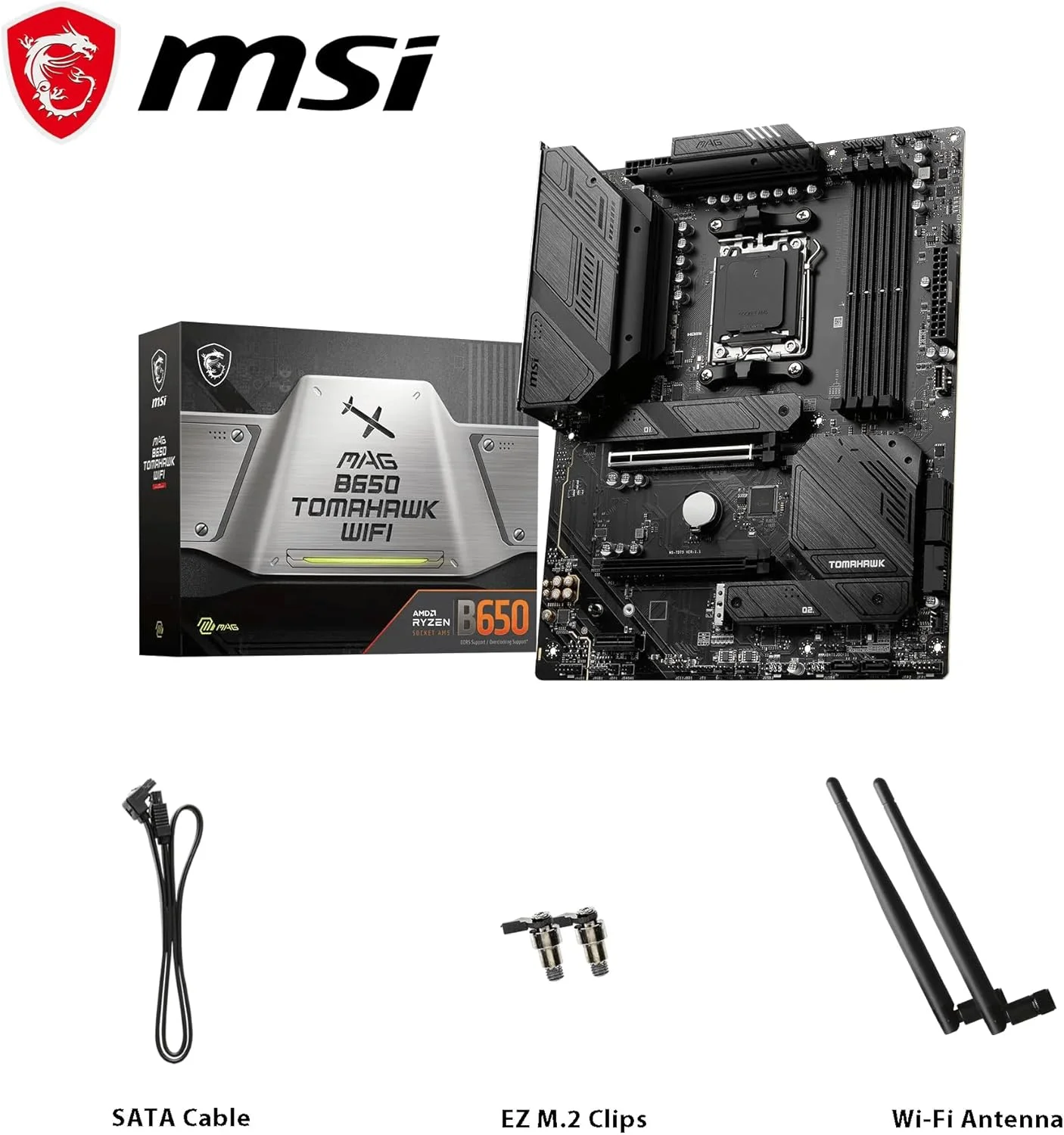 مادربرد MSI MAG B650 TOMAHAWK WIFI AM5 ATX، چیپست AMD B650، 4 اسلات DDR5 دو کاناله، حداکثر حافظه 128 گیگابایت، Wi-Fi 6E، LAN 2.5 گیگابیت بر ثانیه، 2x PCI-E x16، 3x M.2، 1x HDMI & DP، USB 3.2/2.0 - مشکی مادربرد MSI MAG B650 TOMAHAWK WIFI AM5 ATX، چیپست AMD B650، 4 اسلات DDR5 دو کاناله، حداکثر حافظه 128 گیگابایت، Wi-Fi 6E، LAN 2.5 گیگابیت بر ثانیه، 2x PCI-E x16، 3x M.2، 1x HDMI & DP، USB 3.2/2.0 - مشکی