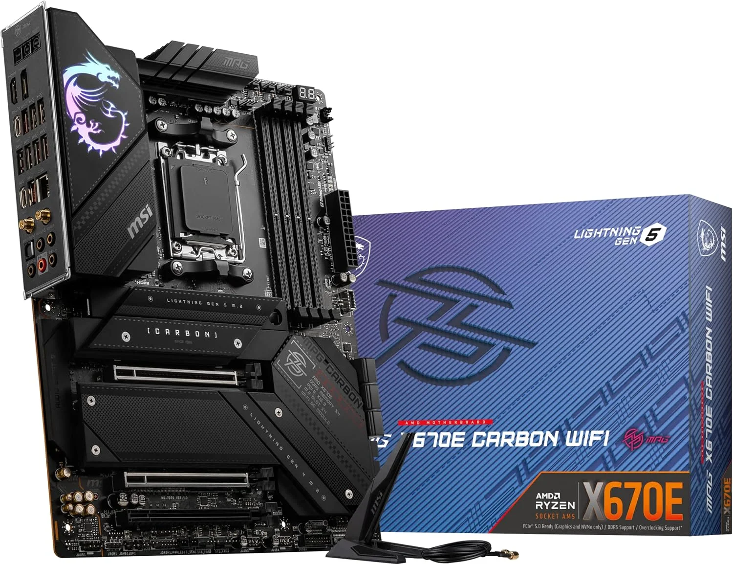مادربرد MSI MPG X670E CARBON WIFI، ATX - پشتیبانی از پردازنده های AMD Ryzen سری 7000، AM5-18 Duet Rail 90A Power Stage، تقویت حافظه DDR5 6600+MHz/OC، 2 x PCIe 5.0 x16، 2 x M.2 Gen5، Wi-Fi 6E