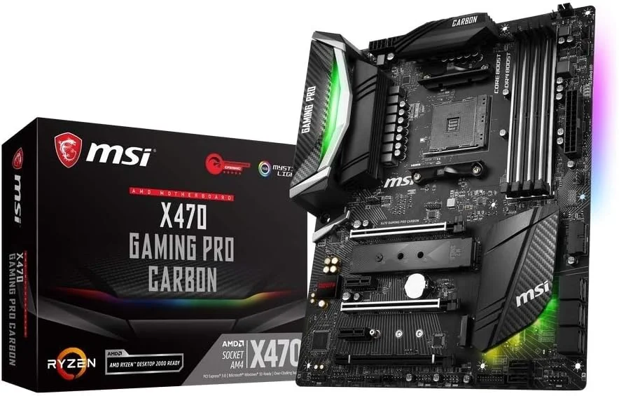 مادربرد MSI X470 GAMING PRO CARBON، سوکت AM4، چهار اسلات DDR4 با فرکانس 3466MHz+ (OC)، دو اسلات M.2 Shild FROZR، شبکه Intel Gaming LAN، محافظ PCI-E Steel Armor، قابلیت X-Boost، فرم فاکتور ATX