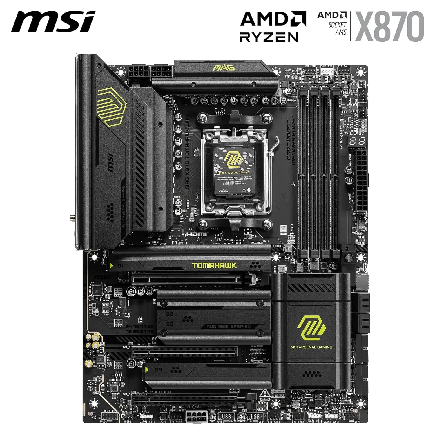 مادربرد MSI MAG X870 Tomahawk WiFi، ATX - پشتیبانی از پردازنده های AMD Ryzen 9000/8000/7000، AM5-80A SPS VR M، تقویت حافظه DDR5 8400+MT/s (OC)، PCIe 5.0 x16 و 4.0 x16، M.2 Gen5، Wi-Fi 7، 5G LAN