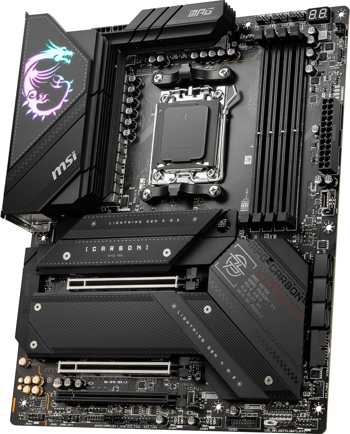 مادربرد MSI MPG X670E CARBON WIFI، ATX - پشتیبانی از پردازنده های AMD Ryzen سری 7000، AM5-18 Duet Rail 90A Power Stage، تقویت حافظه DDR5 6600+MHz/OC، 2 x PCIe 5.0 x16، 2 x M.2 Gen5، Wi-Fi 6E مادربرد MSI MPG X670E CARBON WIFI، ATX - پشتیبانی از پردازنده های AMD Ryzen سری 7000، AM5-18 Duet Rail 90A Power Stage، تقویت حافظه DDR5 6600+MHz/OC، 2 x PCIe 5.0 x16، 2 x M.2 Gen5، Wi-Fi 6E