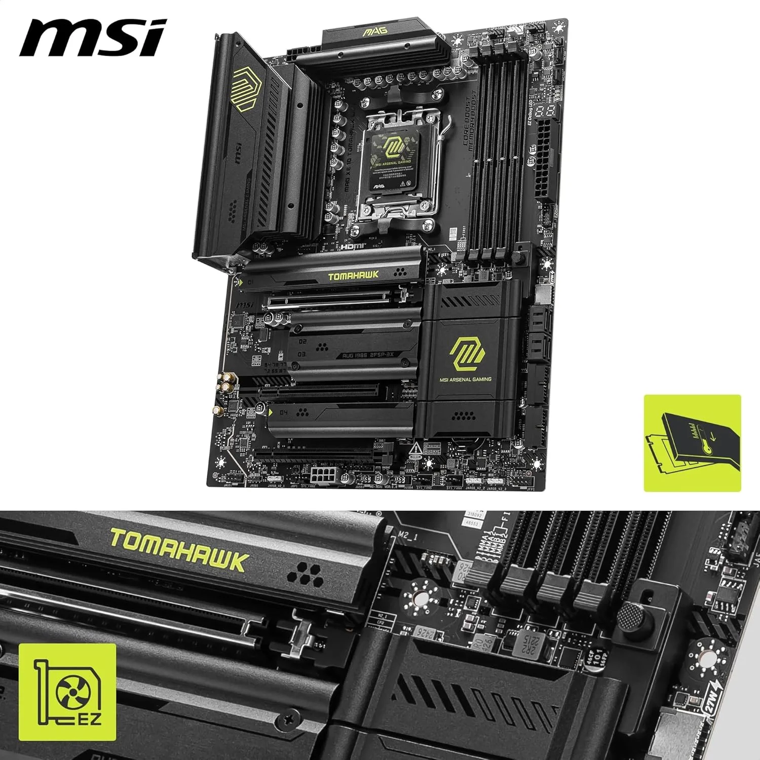 مادربرد MSI MAG X870 Tomahawk WiFi، ATX - پشتیبانی از پردازنده های AMD Ryzen 9000/8000/7000، AM5-80A SPS VR M، تقویت حافظه DDR5 8400+MT/s (OC)، PCIe 5.0 x16 و 4.0 x16، M.2 Gen5، Wi-Fi 7، 5G LAN
