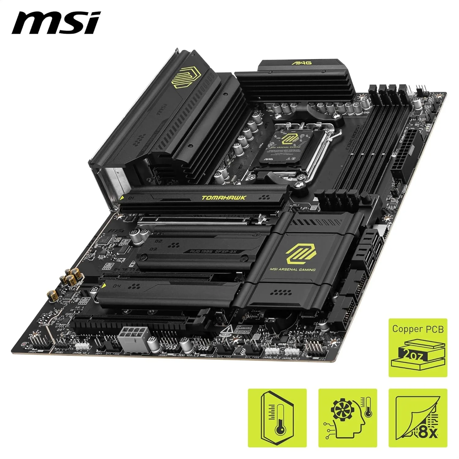 مادربرد MSI MAG X870 Tomahawk WiFi، ATX - پشتیبانی از پردازنده های AMD Ryzen 9000/8000/7000، AM5-80A SPS VR M، تقویت حافظه DDR5 8400+MT/s (OC)، PCIe 5.0 x16 و 4.0 x16، M.2 Gen5، Wi-Fi 7، 5G LAN