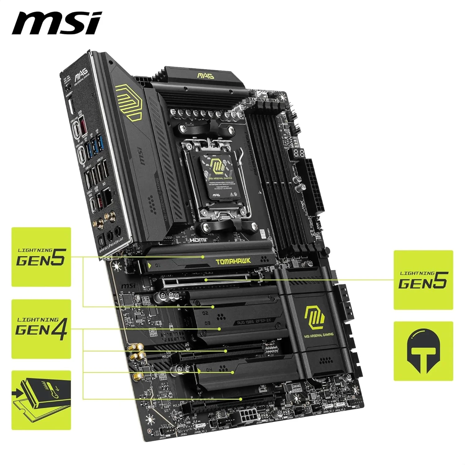 مادربرد MSI MAG X870 Tomahawk WiFi، ATX - پشتیبانی از پردازنده های AMD Ryzen 9000/8000/7000، AM5-80A SPS VR M، تقویت حافظه DDR5 8400+MT/s (OC)، PCIe 5.0 x16 و 4.0 x16، M.2 Gen5، Wi-Fi 7، 5G LAN