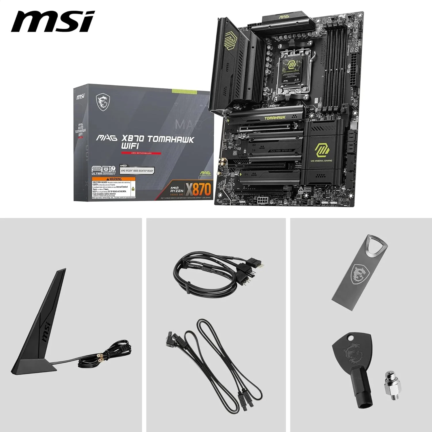 مادربرد MSI MAG X870 Tomahawk WiFi، ATX - پشتیبانی از پردازنده های AMD Ryzen 9000/8000/7000، AM5-80A SPS VR M، تقویت حافظه DDR5 8400+MT/s (OC)، PCIe 5.0 x16 و 4.0 x16، M.2 Gen5، Wi-Fi 7، 5G LAN