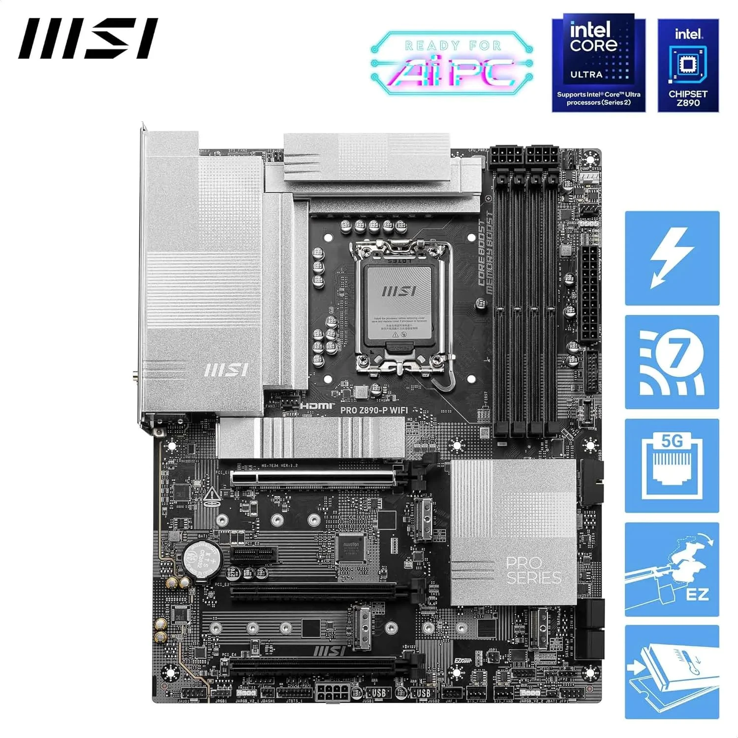 مادربرد گیمینگ MSI PRO Z890-P WIFI: Wi-Fi 7، آنتن EZ، LAN 5G، Thunderbolt 4، PCIe 5.0 M.2، محافظ EZ M.2 Shield Frozr II، حافظه DDR5، Lightning Gen 5، هوش مصنوعی، Audio Boost، LGA 1851 - نقره ای