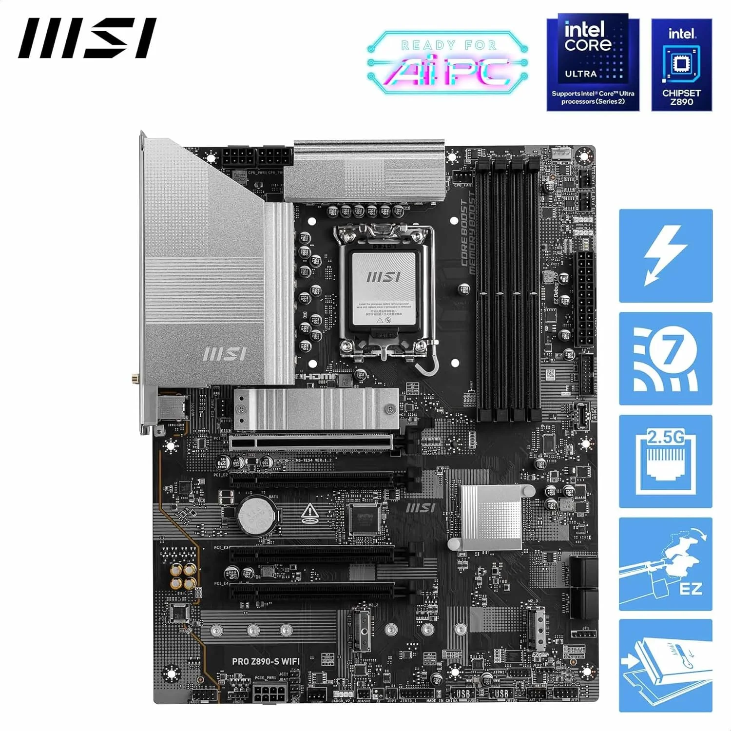 مادربرد MSI PRO Z890-S Wi-Fi LGA 1851 ATX: چیپست Intel Z890، 4 اسلات DDR5 UDIMM، حداکثر حافظه 256 گیگابایت، Wi-Fi 7، BT 5.4، 4 اسلات PCI-E x16، 3 اسلات M.2، صدای HD 7.1 کاناله - مشکی