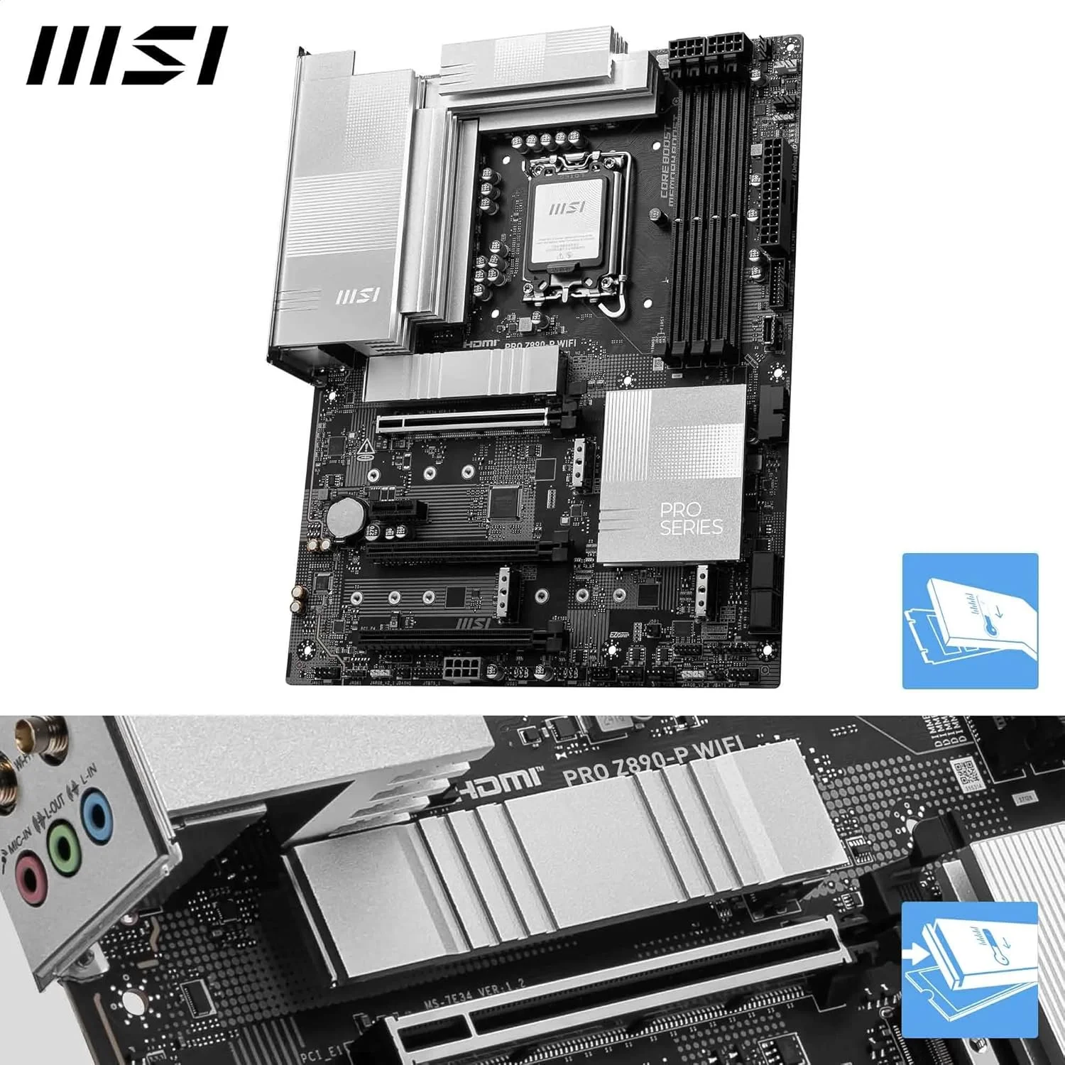 مادربرد گیمینگ MSI PRO Z890-P WIFI: Wi-Fi 7، آنتن EZ، LAN 5G، Thunderbolt 4، PCIe 5.0 M.2، محافظ EZ M.2 Shield Frozr II، حافظه DDR5، Lightning Gen 5، هوش مصنوعی، Audio Boost، LGA 1851 - نقره ای