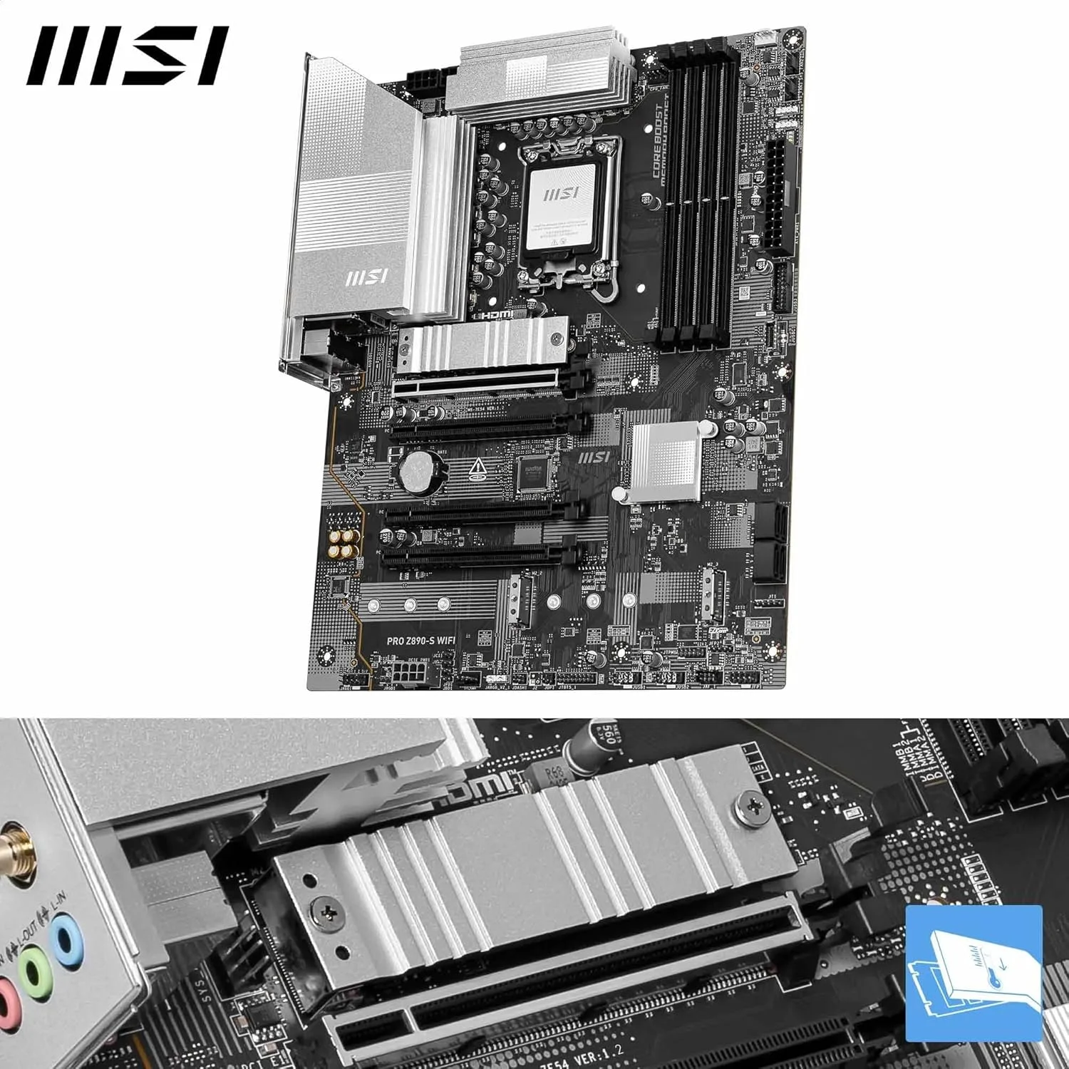 مادربرد MSI PRO Z890-S Wi-Fi LGA 1851 ATX: چیپست Intel Z890، 4 اسلات DDR5 UDIMM، حداکثر حافظه 256 گیگابایت، Wi-Fi 7، BT 5.4، 4 اسلات PCI-E x16، 3 اسلات M.2، صدای HD 7.1 کاناله - مشکی
