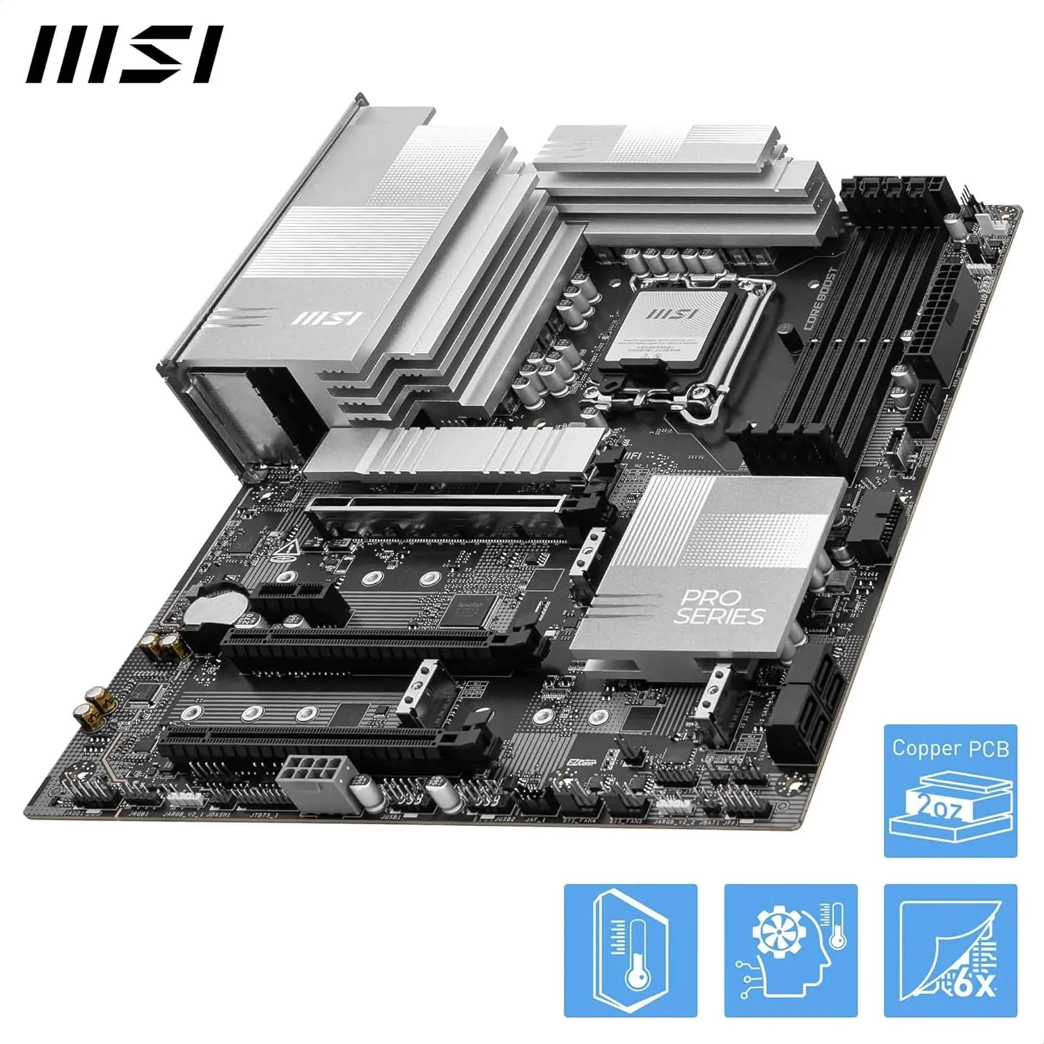مادربرد گیمینگ MSI PRO Z890-P WIFI: Wi-Fi 7، آنتن EZ، LAN 5G، Thunderbolt 4، PCIe 5.0 M.2، محافظ EZ M.2 Shield Frozr II، حافظه DDR5، Lightning Gen 5، هوش مصنوعی، Audio Boost، LGA 1851 - نقره ای