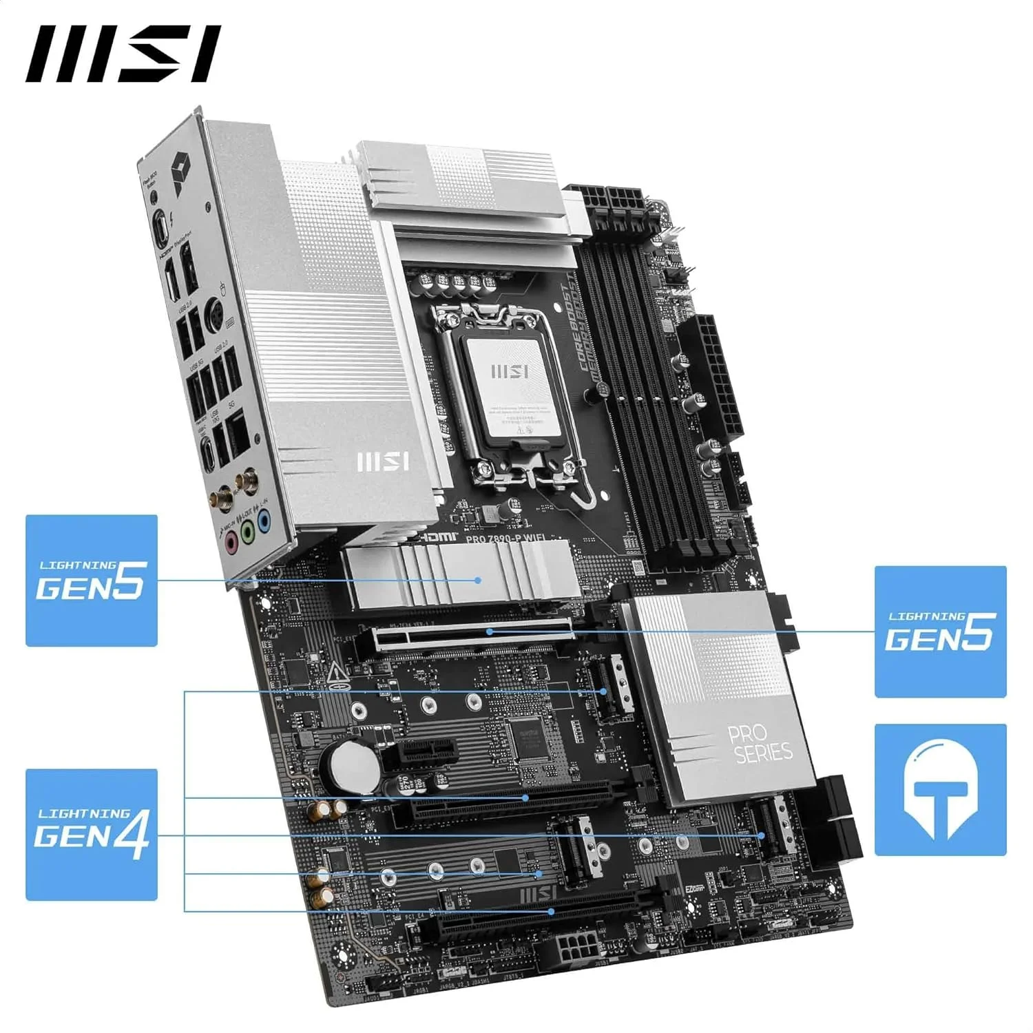 مادربرد گیمینگ MSI PRO Z890-P WIFI: Wi-Fi 7، آنتن EZ، LAN 5G، Thunderbolt 4، PCIe 5.0 M.2، محافظ EZ M.2 Shield Frozr II، حافظه DDR5، Lightning Gen 5، هوش مصنوعی، Audio Boost، LGA 1851 - نقره ای