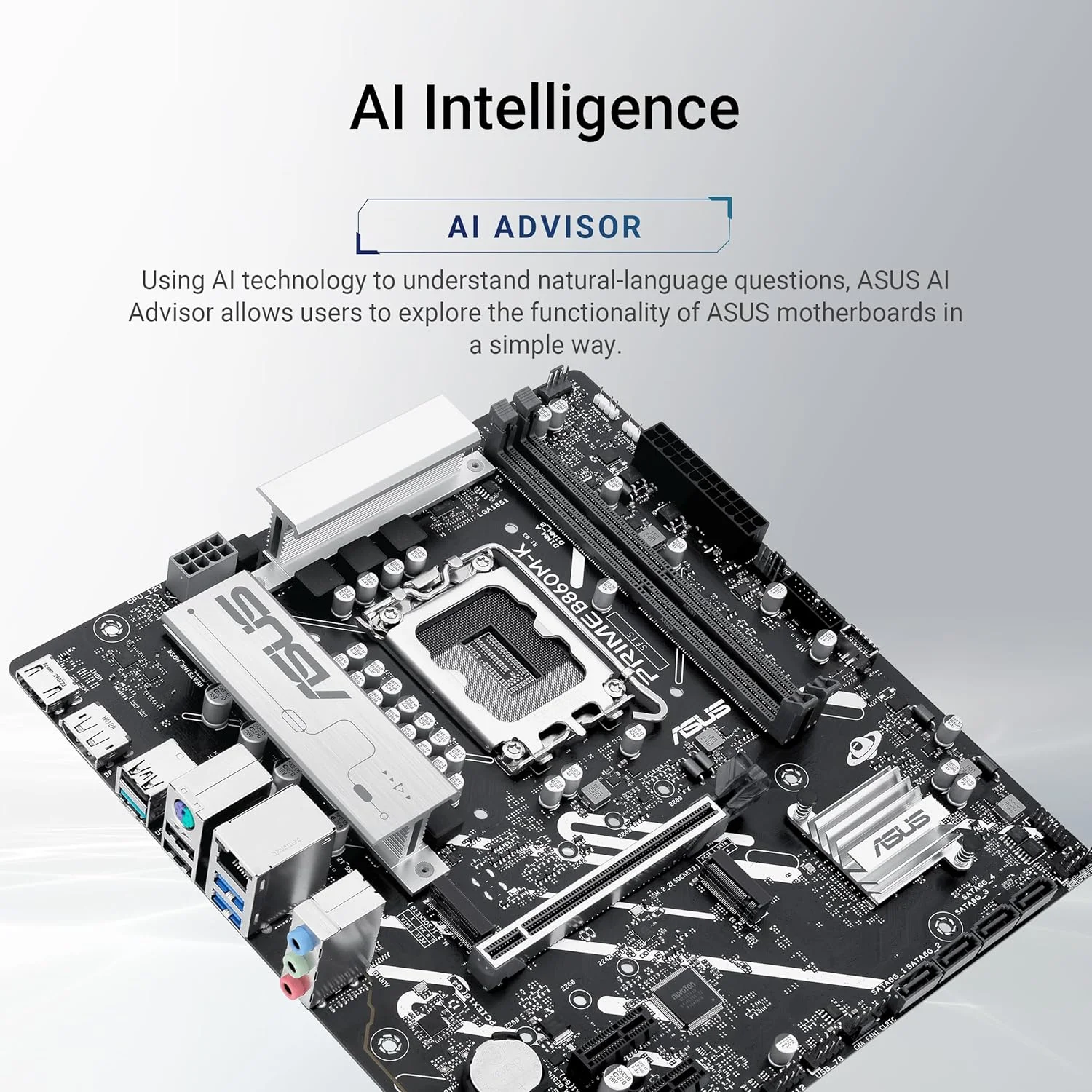 مادربرد ایسوس پرایم B860M-K ATX: سوکت Intel LGA 1851، پشتیبانی از M.2، اسلات PCIe 4.0 x16، اترنت Realtek 2.5Gb، پورت USB 10Gbps Type-A، طراحی DIY Friendly، Aura Sync - مشکی