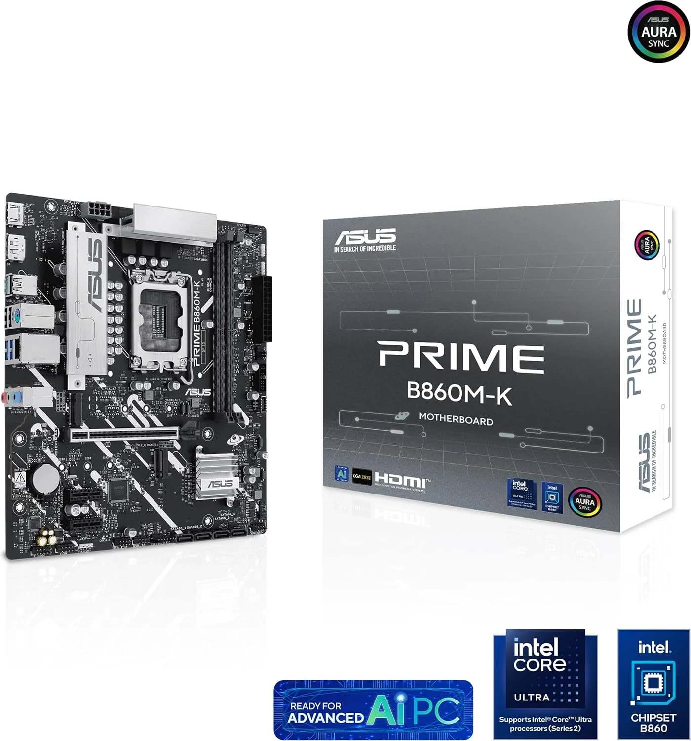 مادربرد ایسوس پرایم B860M-K ATX: سوکت Intel LGA 1851، پشتیبانی از M.2، اسلات PCIe 4.0 x16، اترنت Realtek 2.5Gb، پورت USB 10Gbps Type-A، طراحی DIY Friendly، Aura Sync - مشکی