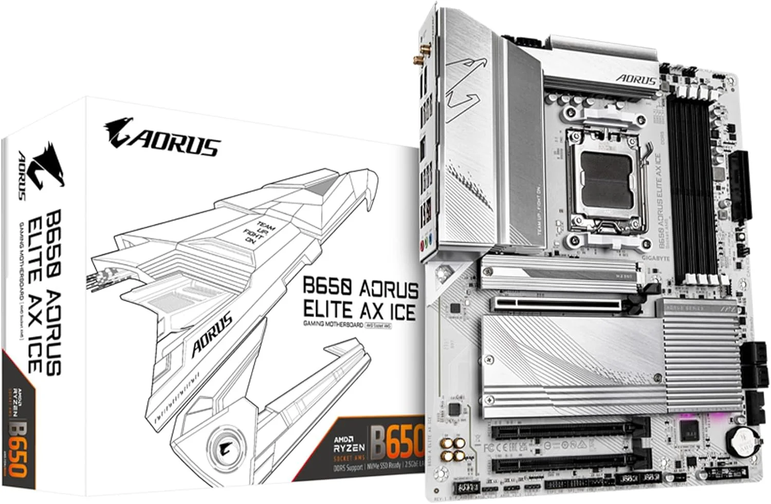 مادربرد GIGABYTE B650 AORUS Elite AX ICE (AM5/ LGA 1718/ AMD/ B650/ ATX/ 5 سال گارانتی/ DDR5/ Triple M.2/ PCIe 5.0/ USB 3.2 Gen2X2 Type-C/WiFi 6E/ 2.5GbE LAN/ سفید برفی/ EZ-Latch)