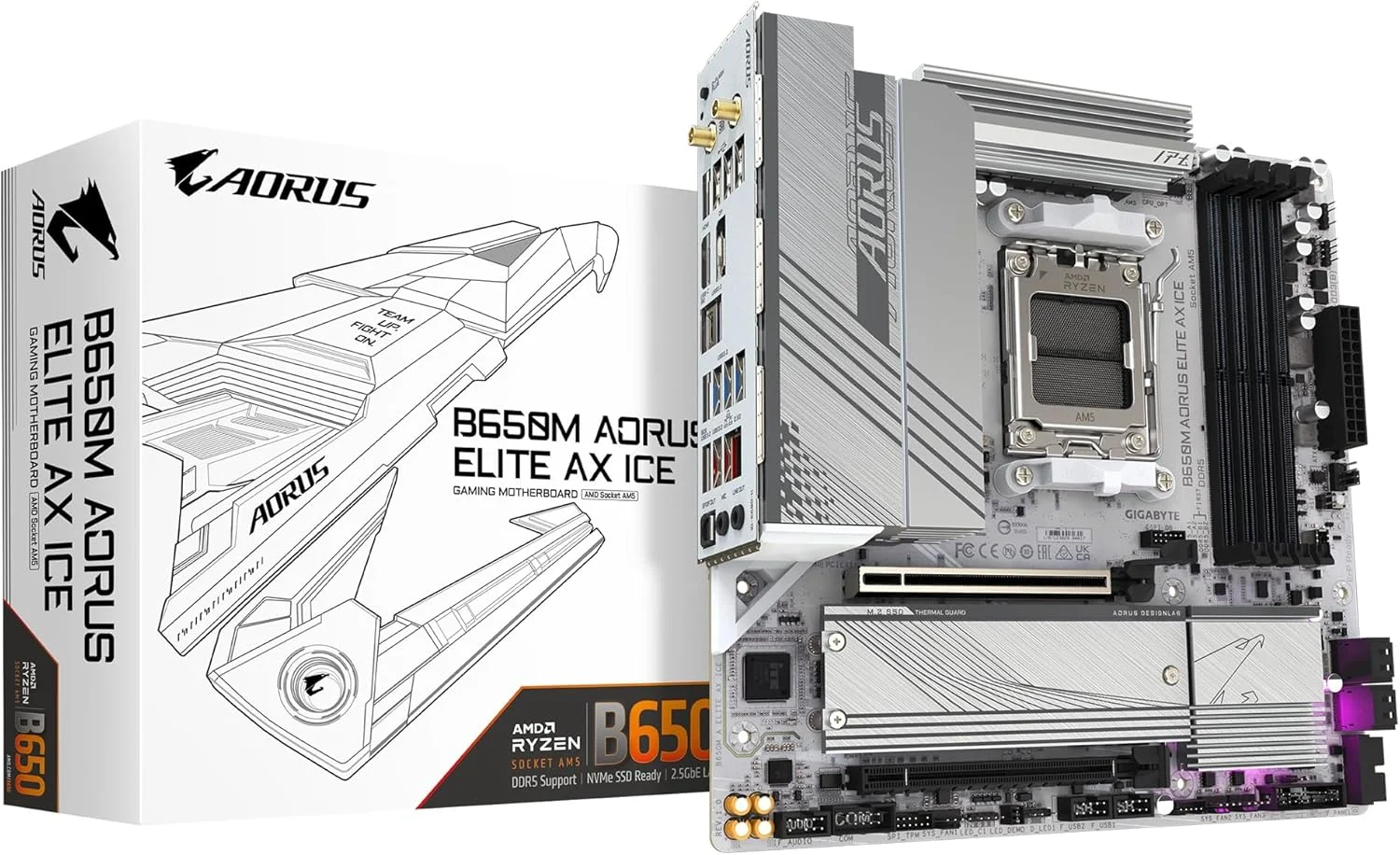 مادربرد GIGABYTE B650M AORUS ELITE AX ICE AM5 LGA 1718 AMD B650 M-ATX با 5 سال گارانتی، DDR5، 2* M.2، PCIe 5.0، USB 3.2 Gen2X2 Type-C، 2.5GbE LAN، Q-Flash Plus، EZ-Latch